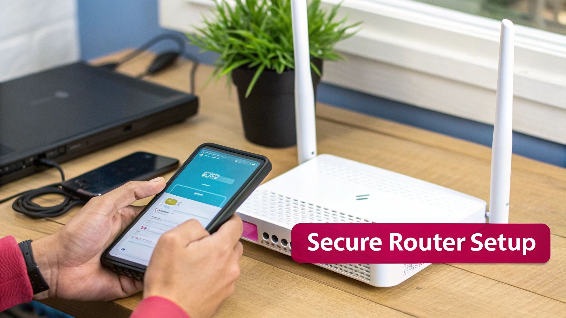 Hands Using A Smartphone To Configure A White Wi-Fi Router On A Desk, Promoting Secure Setup.