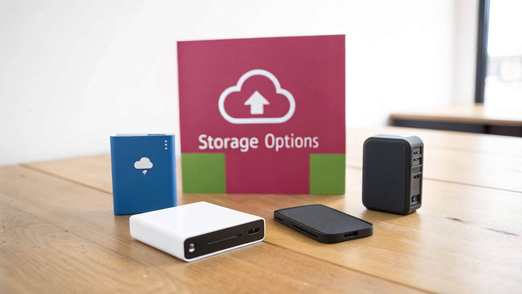 What Are Backups And Why Your Business Needs Them Various Portable Storage Devices And A 'Storage Options' Sign On A Wooden Table, Emphasizing Data Solutions.