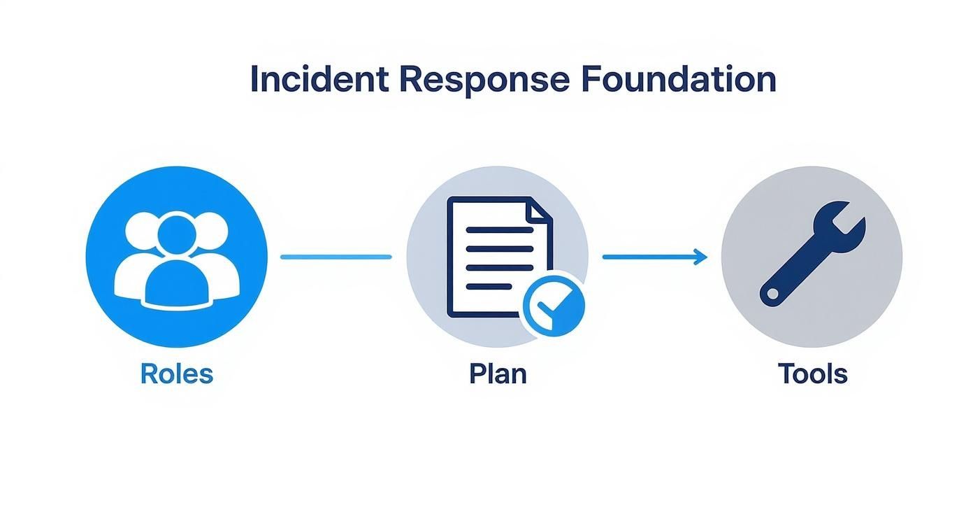 A Practical Guide To Cyber Security Incident Response Steps A Visual Representation Of The Incident Response Foundation, Detailing Essential Components: Roles, Plan, And Tools.