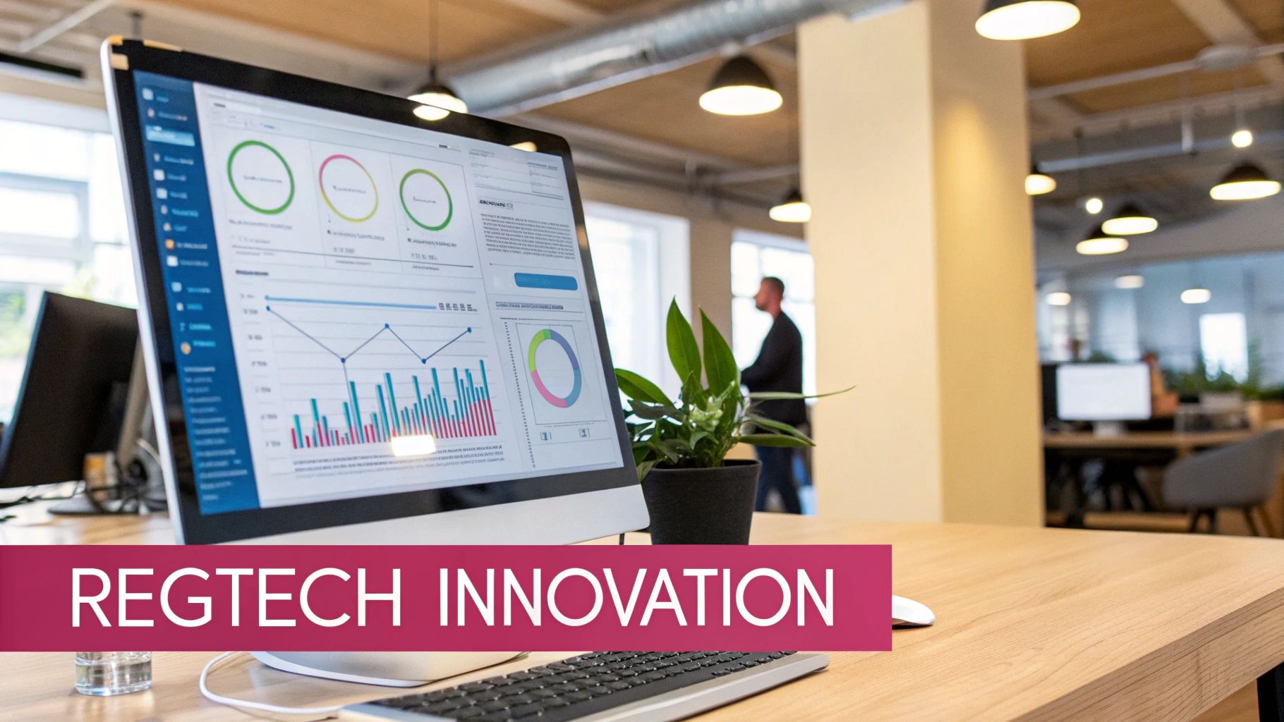 A Futuristic Interface Showing Data Analytics And Compliance Metrics, Representing Regtech.