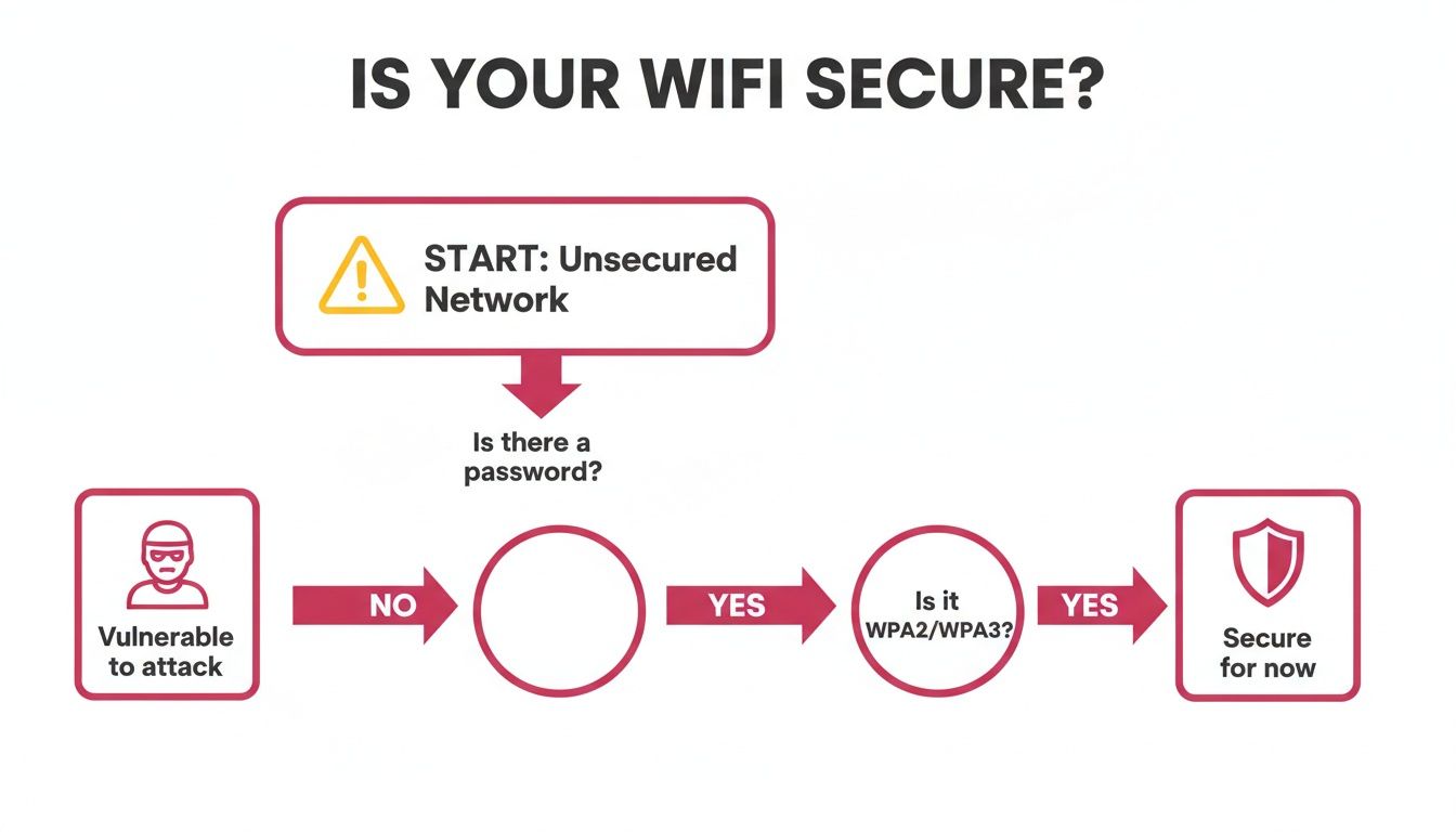 Security On Wireless Network: A Practical Guide For Uk Smes Flowchart Illustrating Wifi Security, Showing An Unsecured Network Is Vulnerable Without A Password, But Secure With Wpa2/Wpa3.