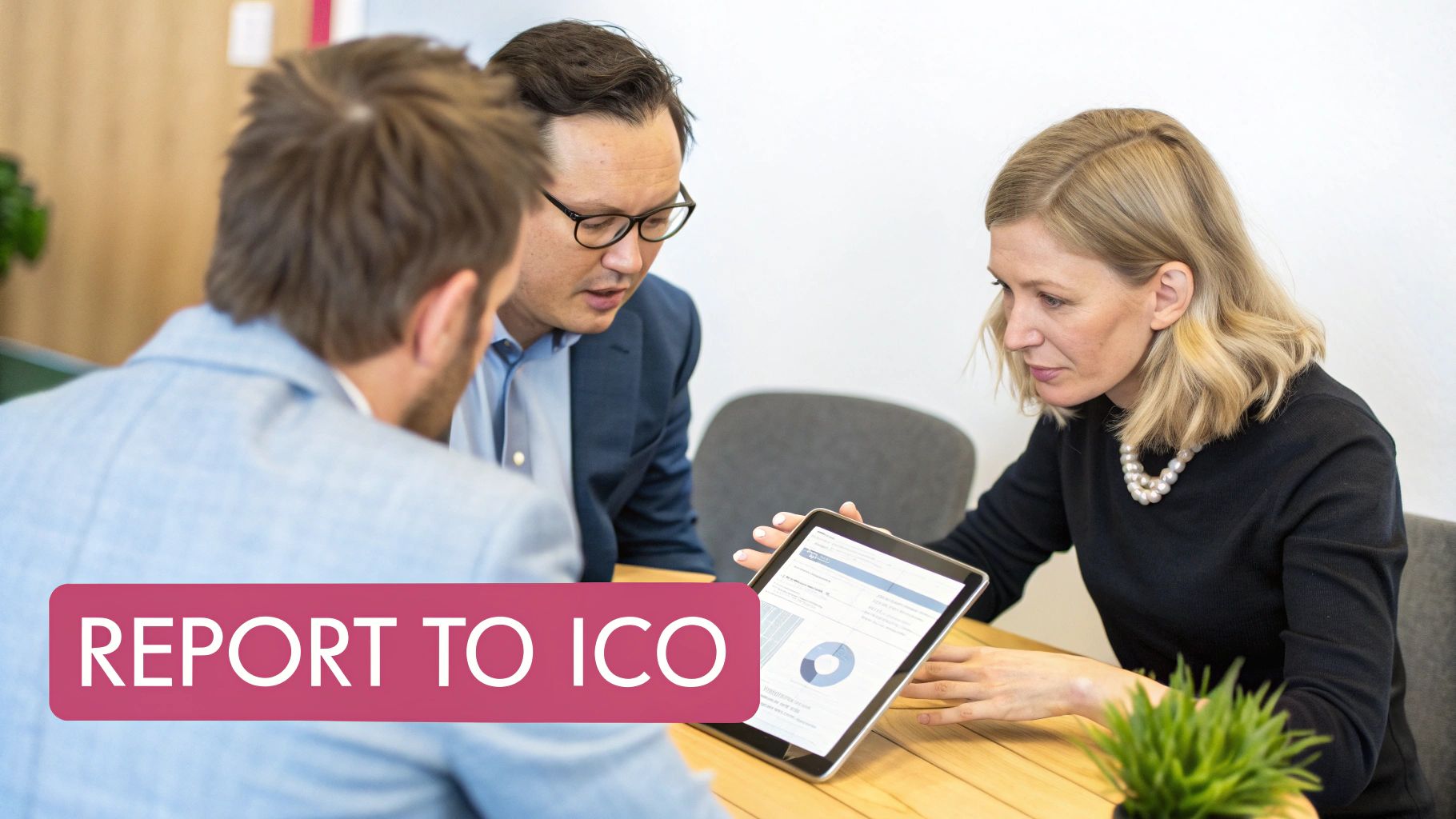 A Practical Guide To Cyber Security Incident Response Steps Three Professionals Analyze Data On A Tablet, Discussing A 'Report To Ico' In A Meeting.