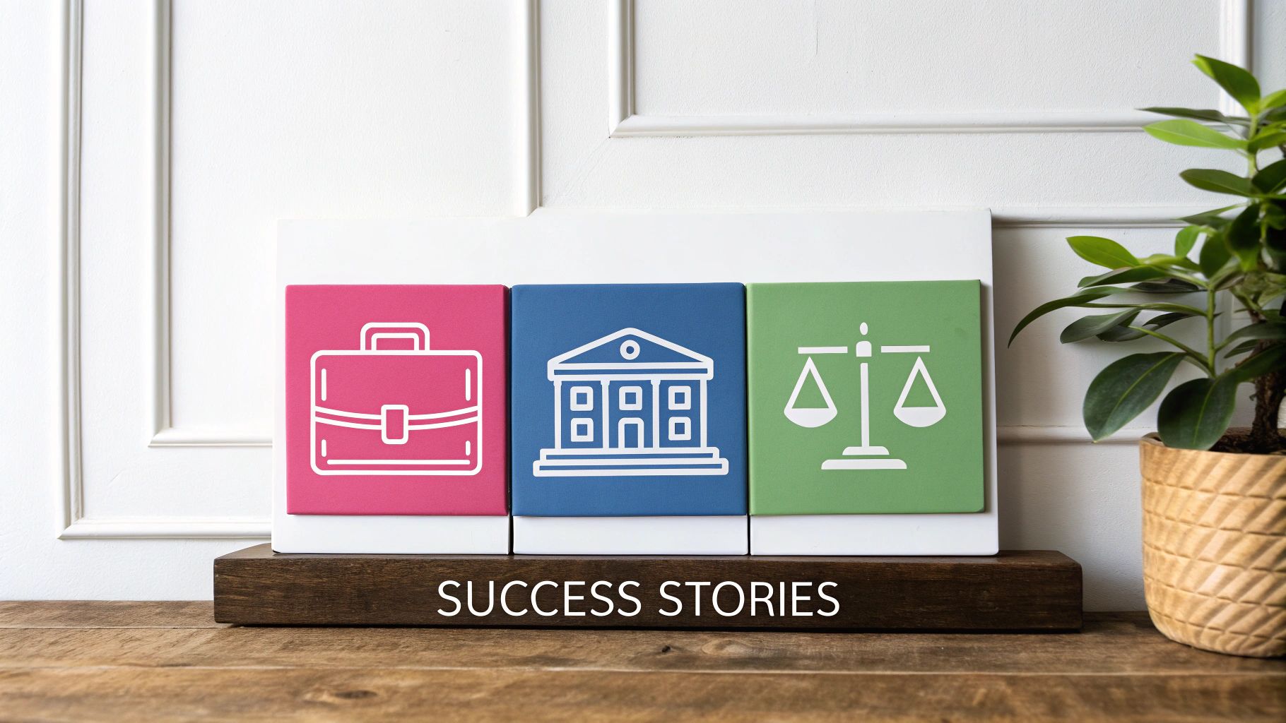 Three Blocks With Icons For Business, Court, And Justice On A Stand With 'Success Stories' Text.