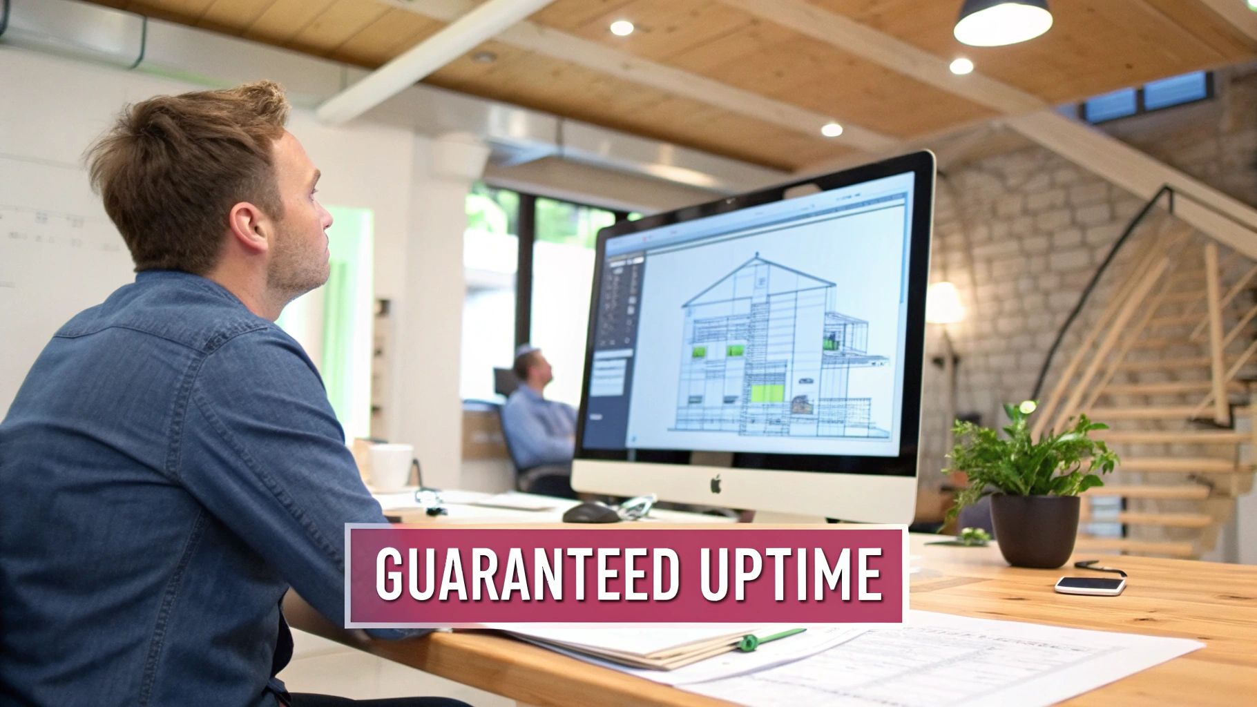 Your Guide To Leased Line Business Connectivity A Man In A Denim Shirt Reviews Architectural Designs On An Apple Imac In A Modern Office.