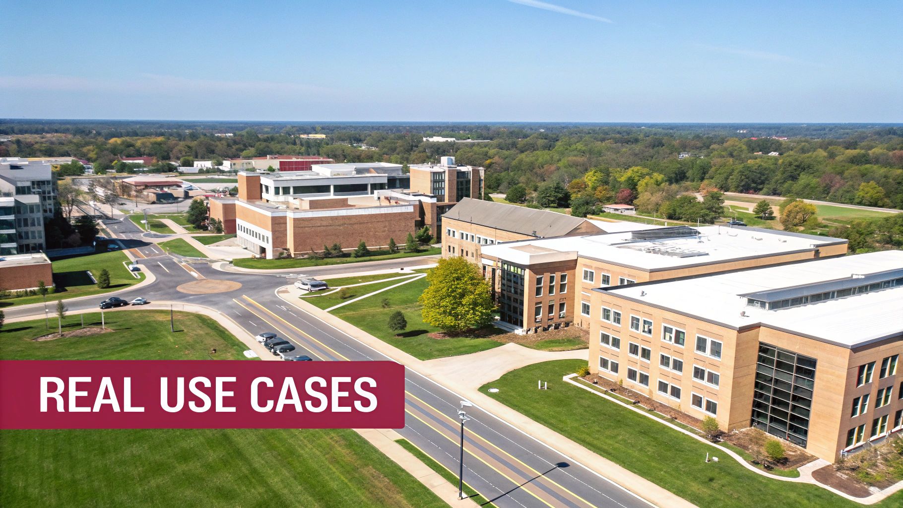 What Is Dark Fibre: Understand Its Power For Your Network Aerial View Of A Modern University Campus Or Institutional Buildings With Roads, Lawns, And Trees.