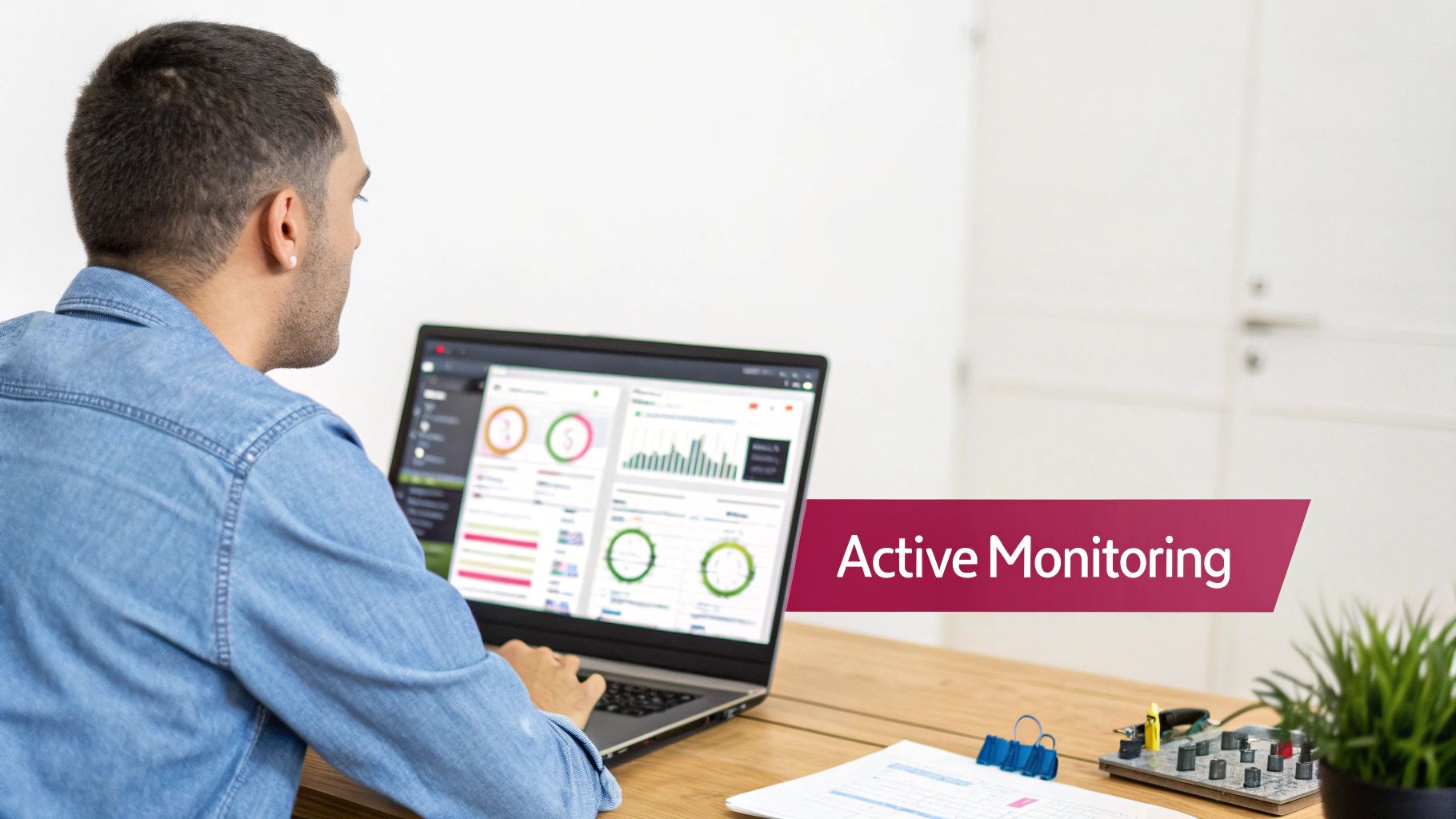 Security On Wireless Network: A Practical Guide For Uk Smes A Man Reviews Data Analytics On A Laptop Screen With Charts And Graphs, Signifying Active Monitoring.