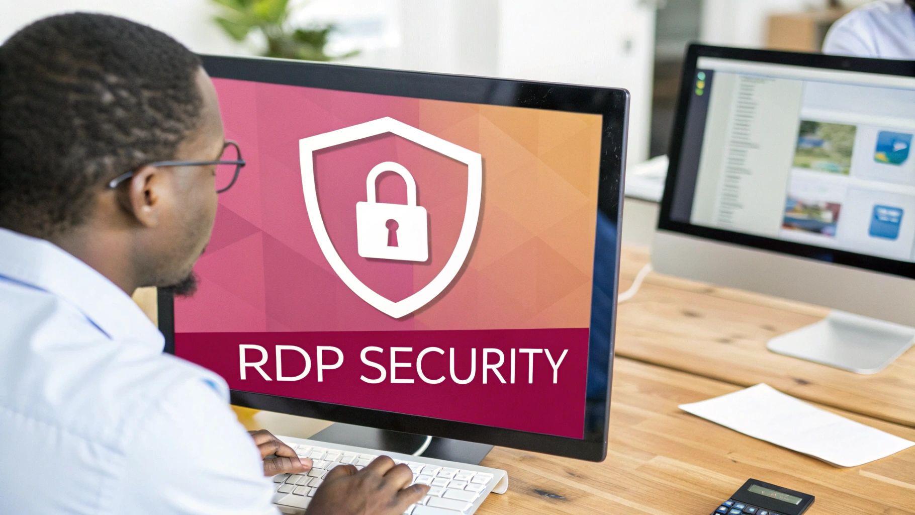 What Is Remote Desktop Protocol? A Guide To Secure Rdp A Graphic Symbolising A Secure Digital Connection With A Padlock Overlay.