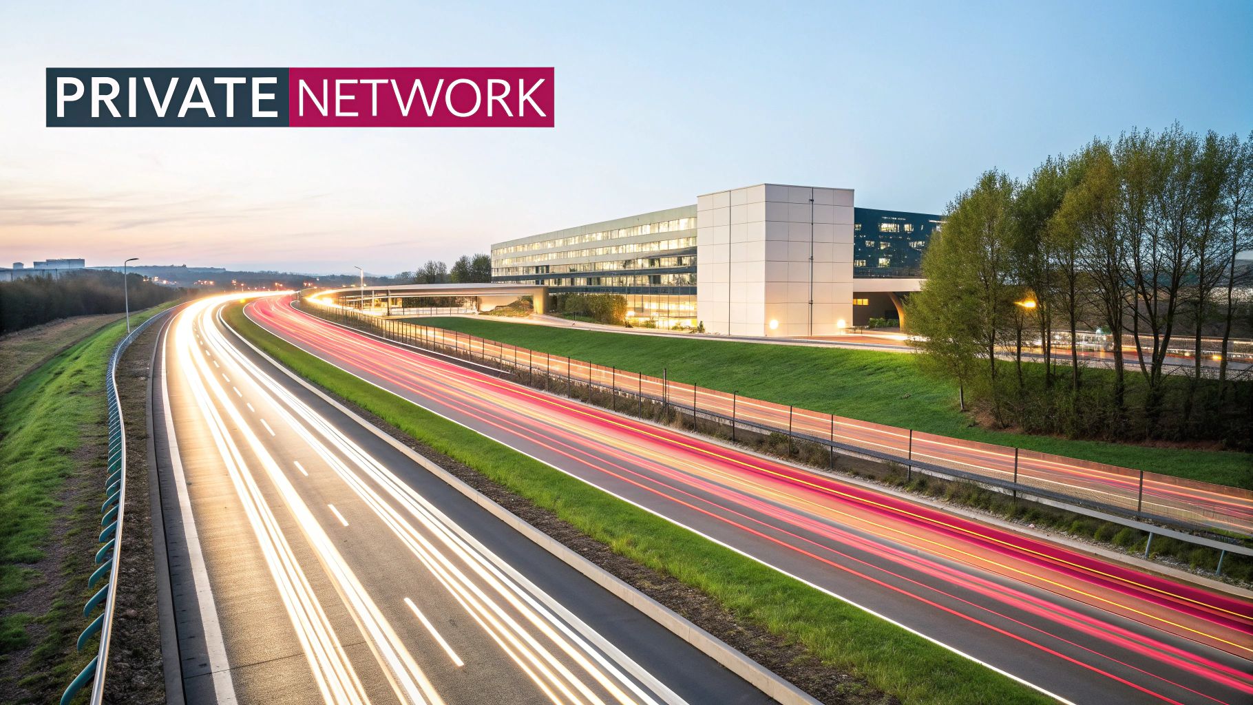 Long Exposure Photograph Of A Busy Highway At Dusk With Bright Car Light Trails And A Modern Building.
