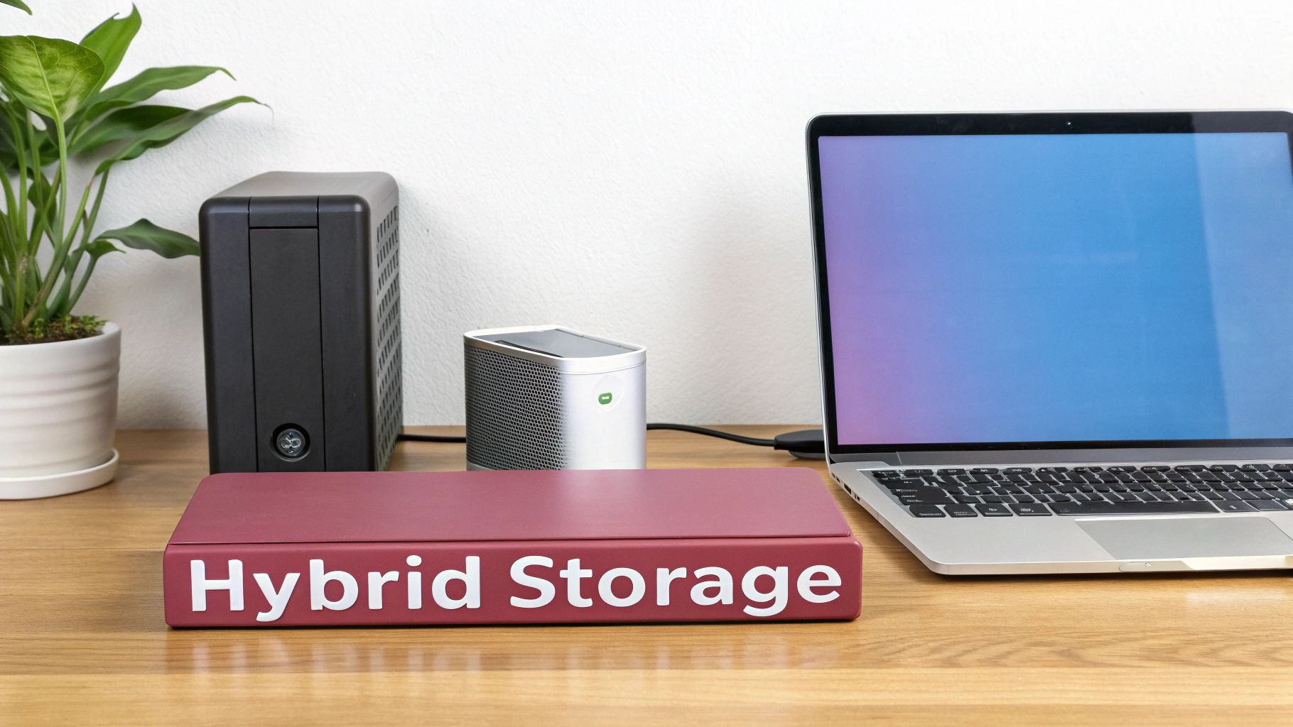 A Red Box Labeled 'Hybrid Storage' On A Desk With A Laptop And Other Devices, Showcasing Data Solutions.