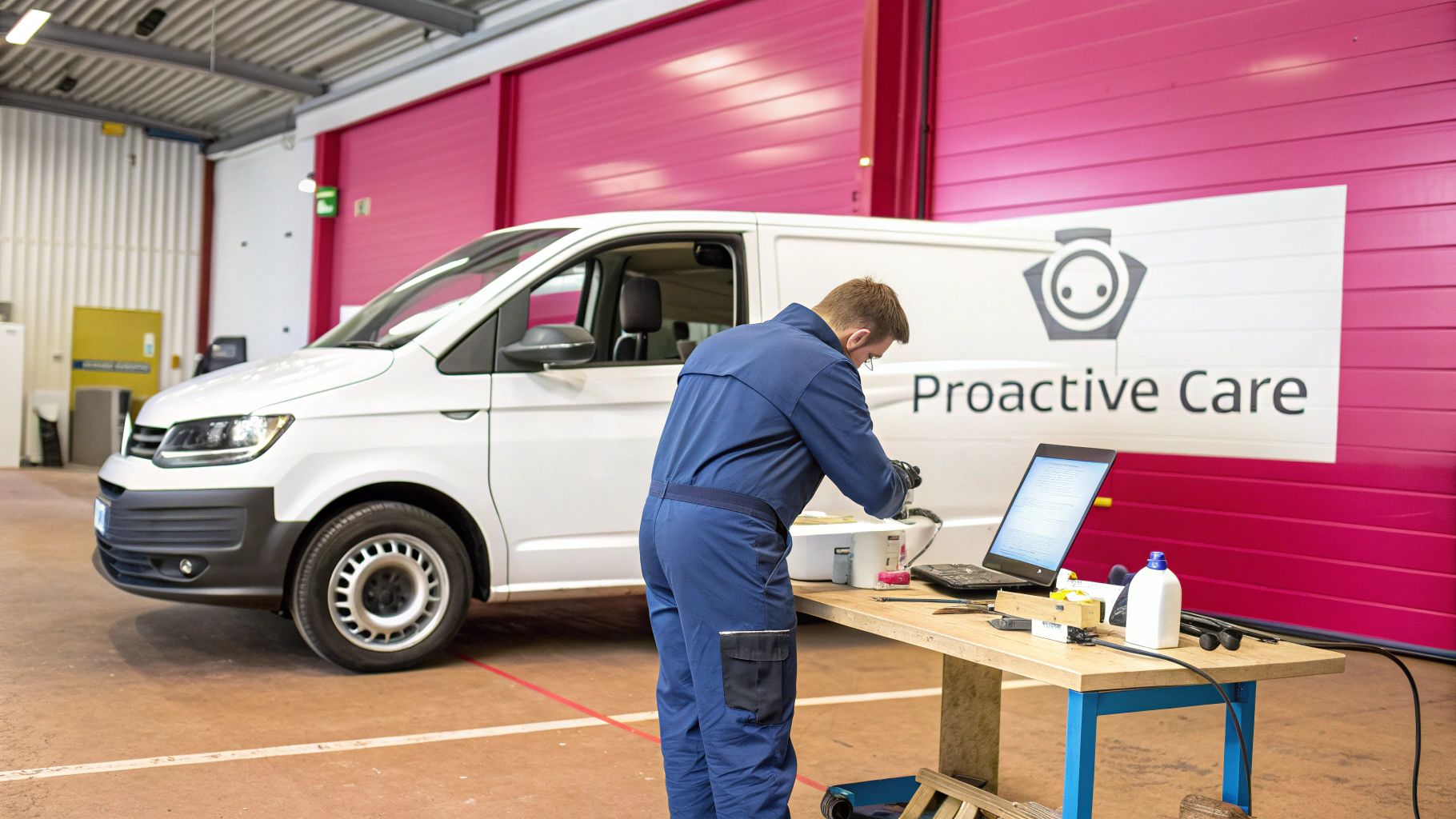 Technician In Blue Jumpsuit Working On Equipment With A Laptop Near A White Service Van.