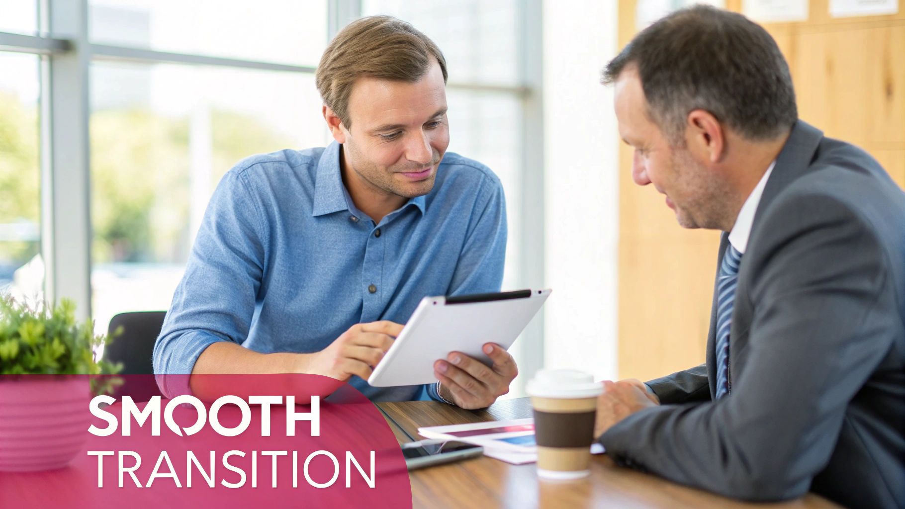 Two Men Discussing Content On A Tablet At A Table In An Office Setting.