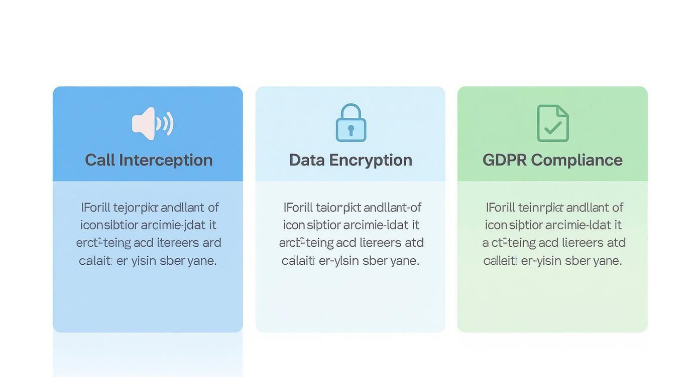 A Complete Guide To Ip Phone Services For Business Three Security Feature Cards Showing Call Interception, Data Encryption, And Gdpr Compliance For Business Communications
