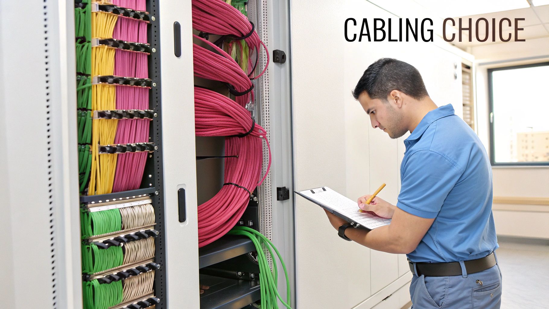 Cat6 Vs Cat8: The Right Choice For Your Professional Services Firm Network Technician Inspecting Organized Ethernet Cables In Server Rack During Structured Cabling Installation