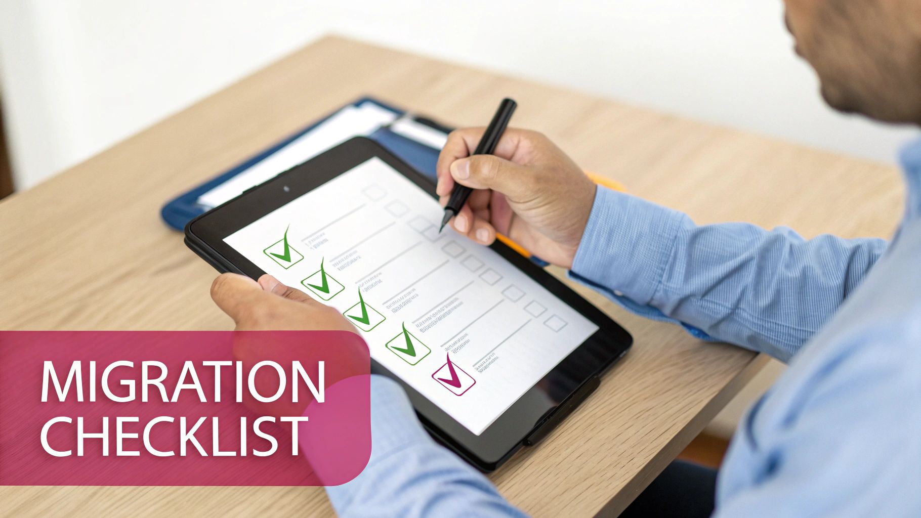 A Person Uses A Stylus To Check Items On A Digital Migration Checklist On A Tablet.