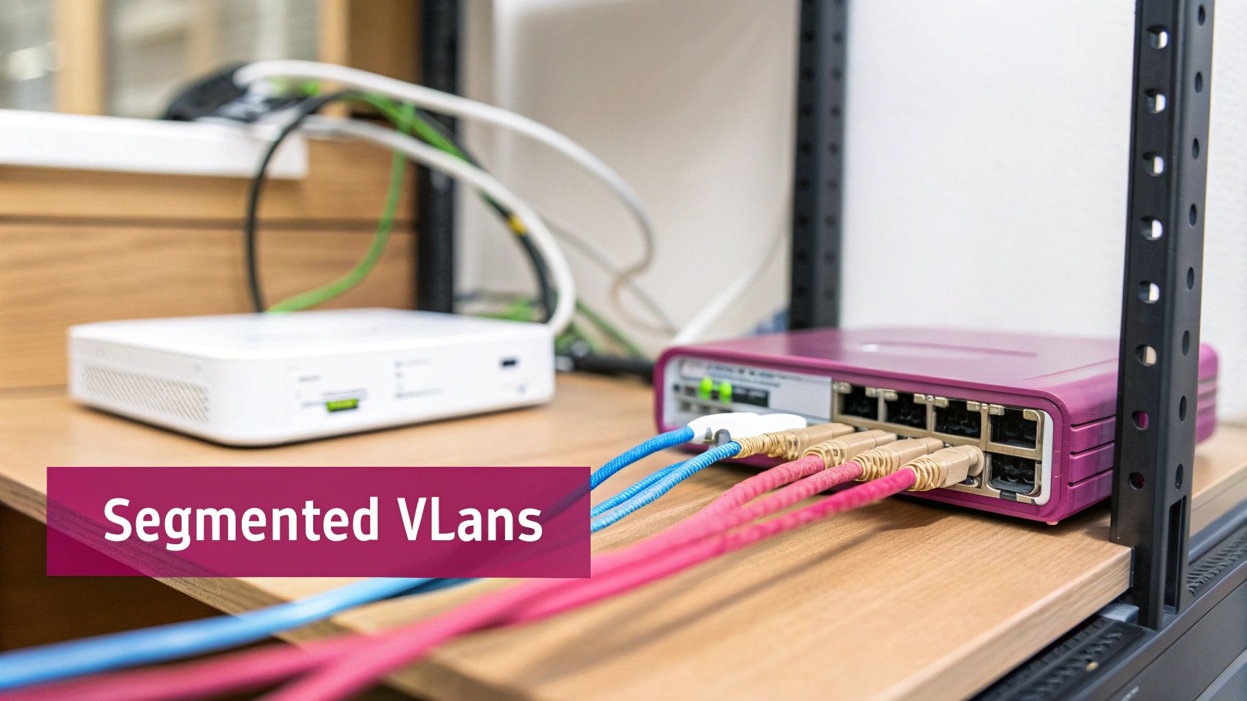Security On Wireless Network: A Practical Guide For Uk Smes A Purple Network Switch And A White Router Connected By Colorful Ethernet Cables On A Wooden Shelf.