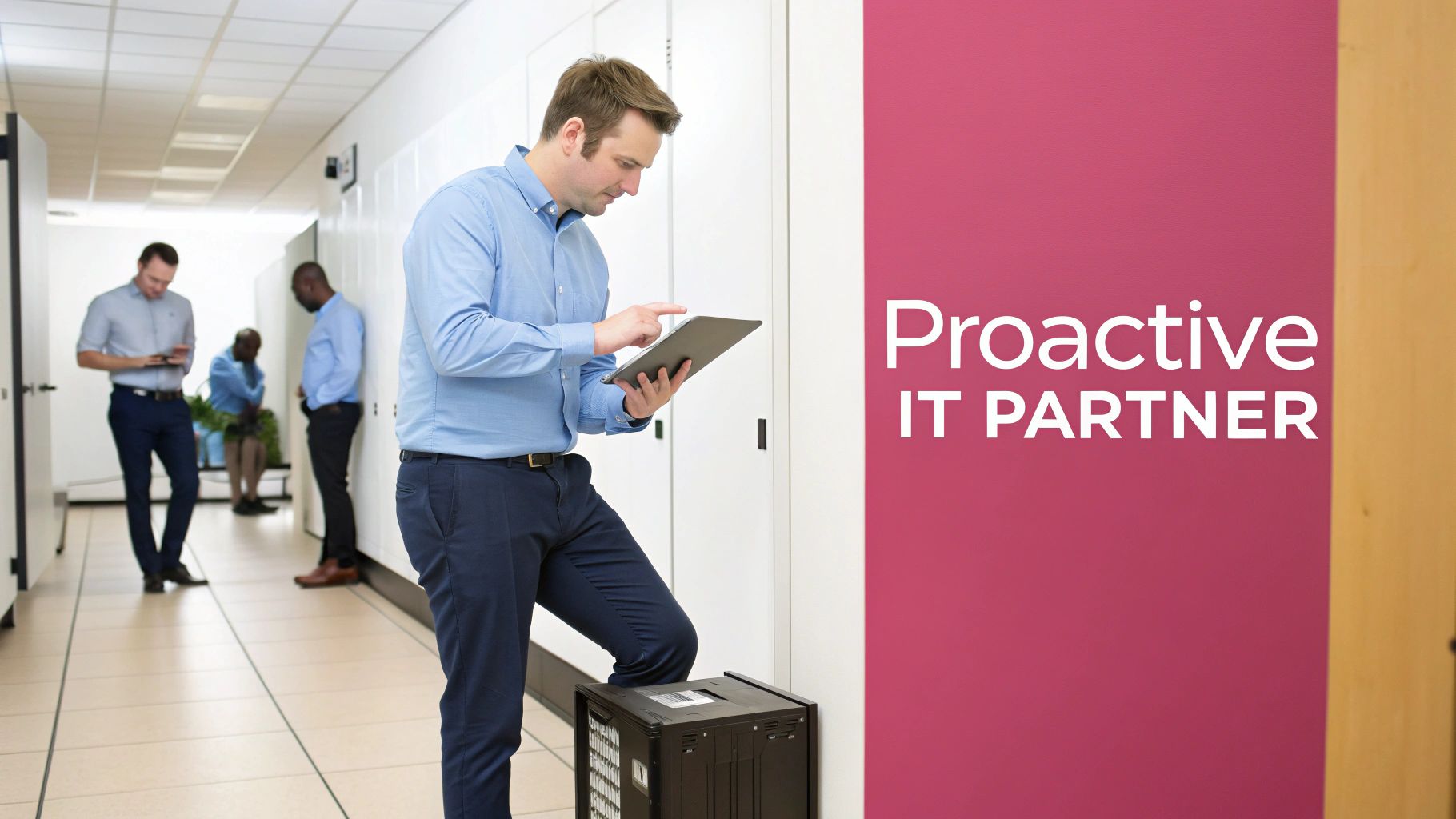 A Technician Working On Computer Servers, Representing A Managed It Service Provider In The Uk.