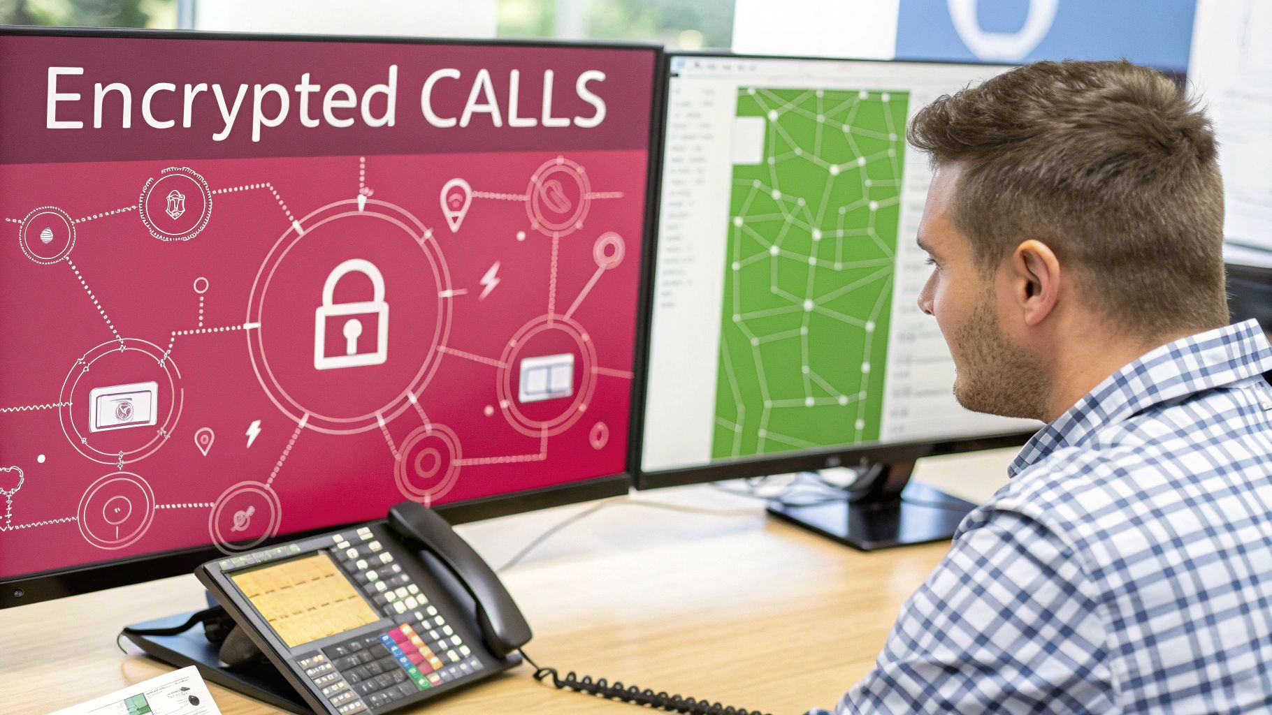 Man Viewing Dual Monitors With 'Encrypted Calls' Security Graphic And Network Data, Beside A Voip Phone.