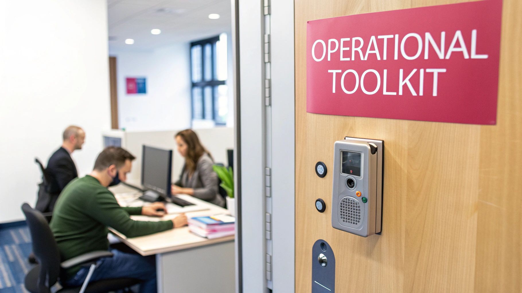 Office Setting With 'Operational Toolkit' Sign, An Intercom, And Blurred Workers At Computers.