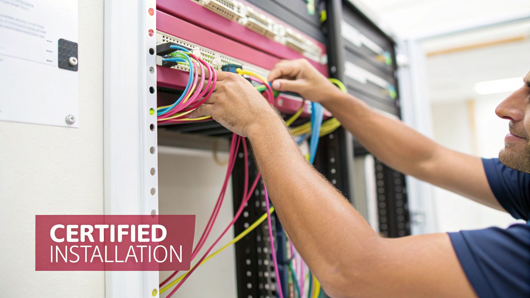 Cat 7 Vs Cat 8: Which Ethernet Cable Is Right For Your Business? Hands Of A Technician Connecting Colorful Network Cables Into A Server Rack. 'Certified Installation' Text Overlay.