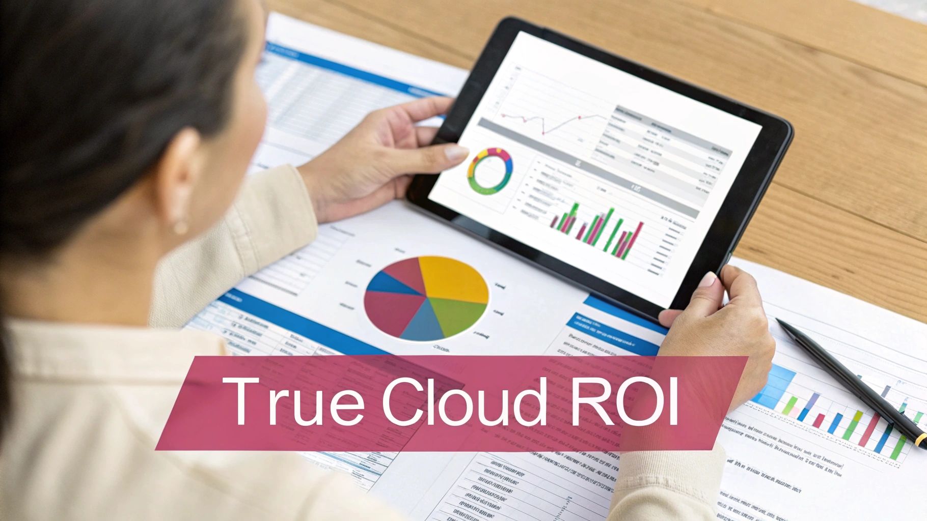A Person Reviews Business Performance Data And Charts On A Tablet And Paper, Highlighting Cloud Roi.