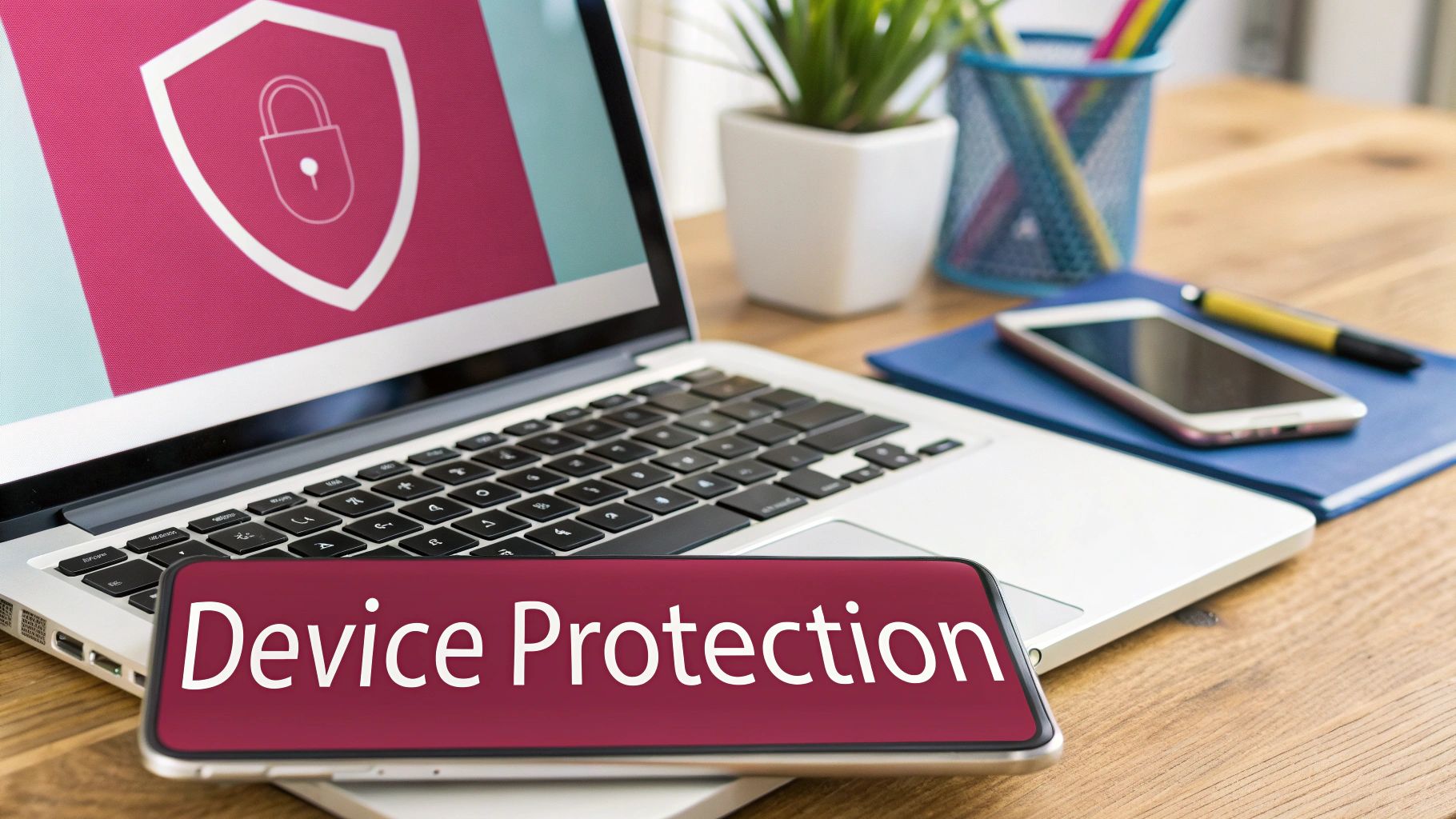 A Laptop With A Security Shield And Padlock Icon, And A Smartphone Showing 'Device Protection' On A Wooden Desk.