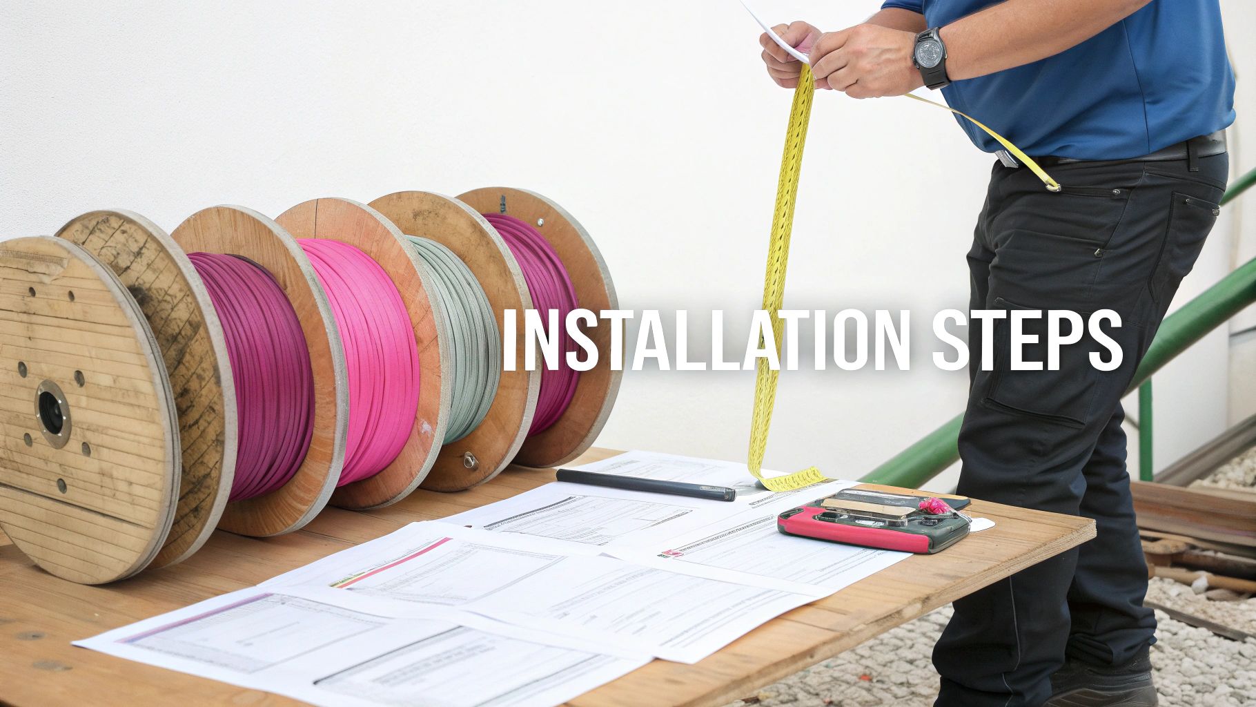 A Person Measures With A Yellow Tape Measure Next To Spools Of Colorful Cables And Documents.