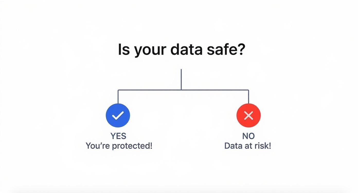 What Are Backups And Why Your Business Needs Them Decision Tree Asking 'Is Your Data Safe?' With Options For 'Yes - You'Re Protected!' And 'No - Data At Risk!'