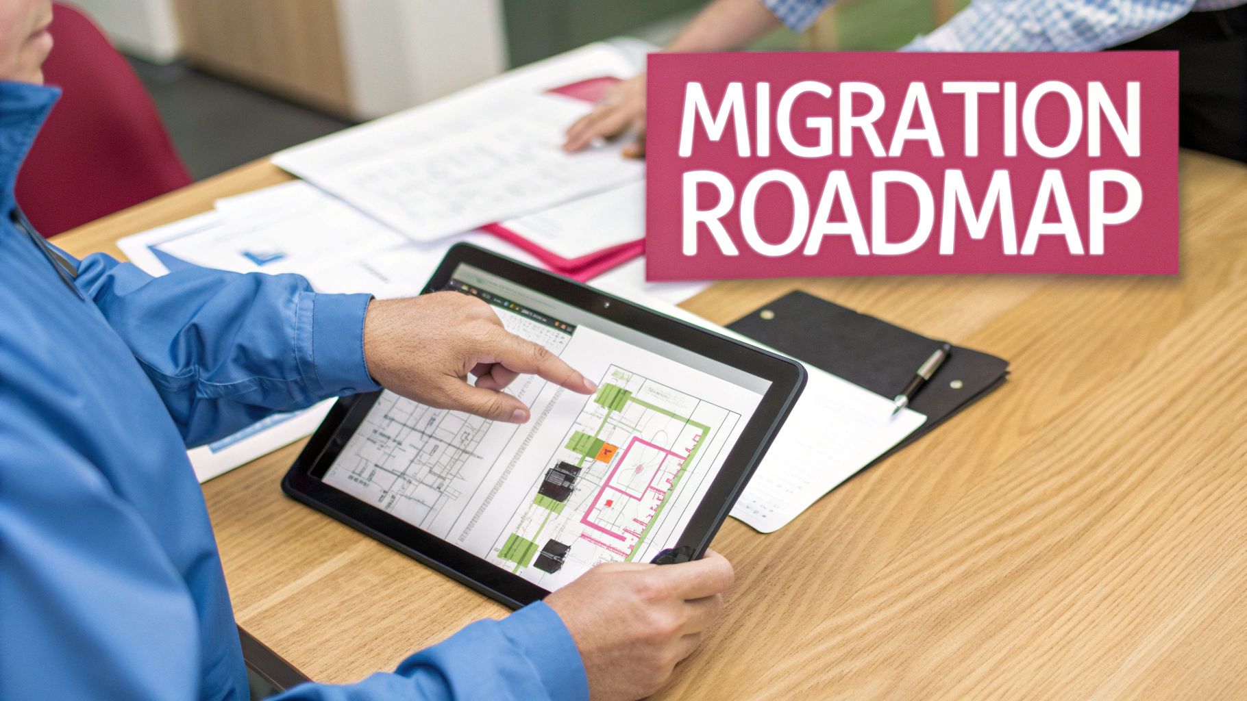Close-Up Of Hands Pointing At A Tablet With A Technical Plan, 'Migration Roadmap' Sign Visible.