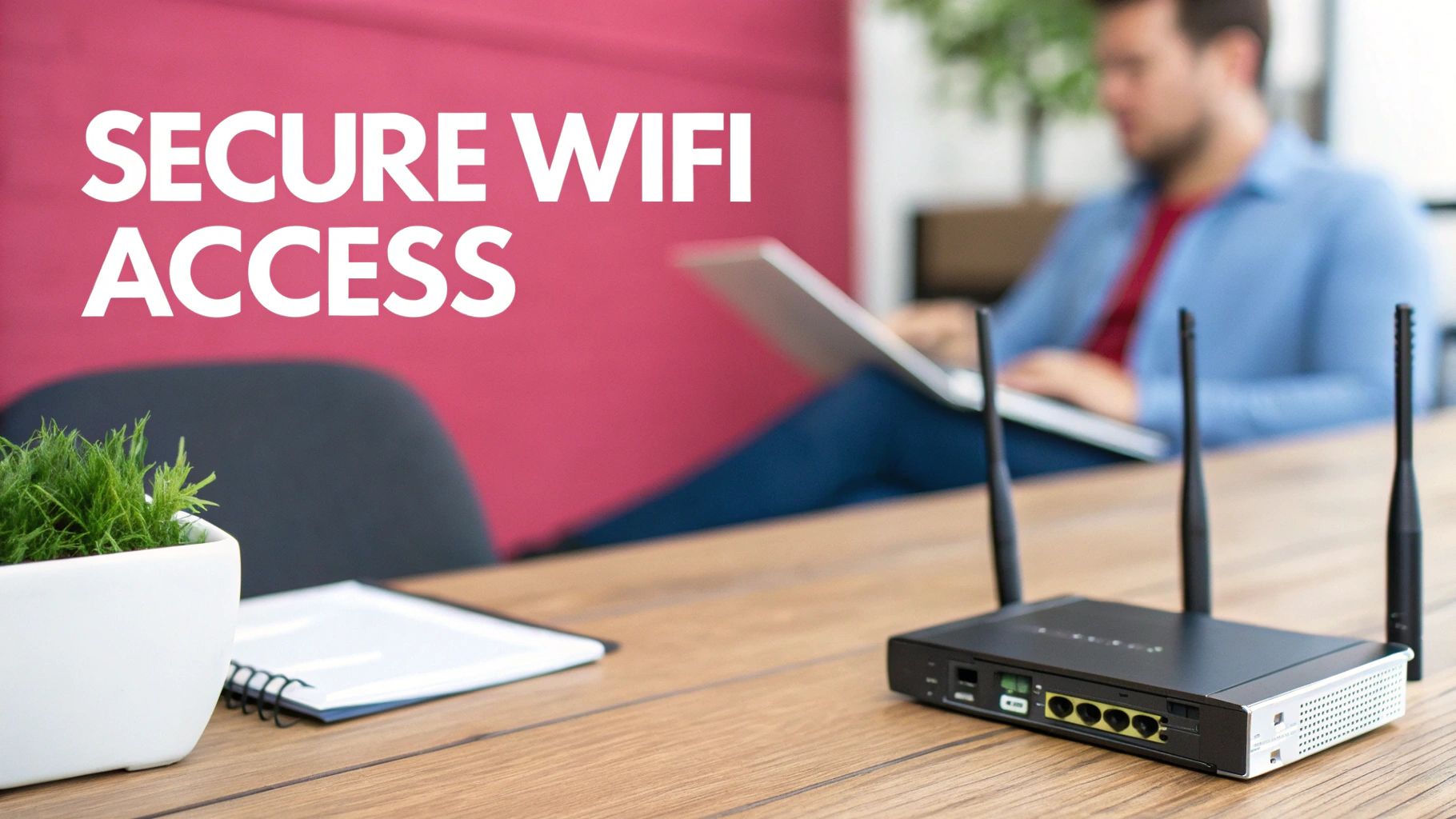 A Guide To High-Performance Wifi In Office Environments A Person Uses A Laptop At A Desk With A Wifi Router, Highlighting Secure Wifi Access.
