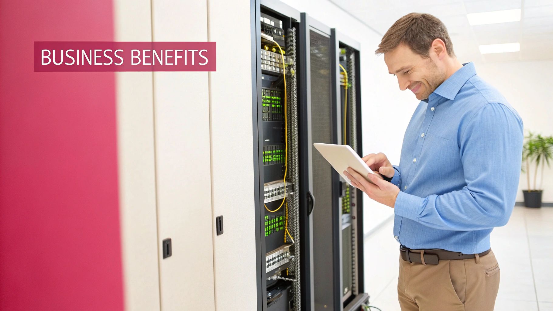 What Is Dark Fibre: Understand Its Power For Your Network A Smiling Man Using A Tablet To Manage Servers In A Modern Data Center, Highlighting Business Benefits.