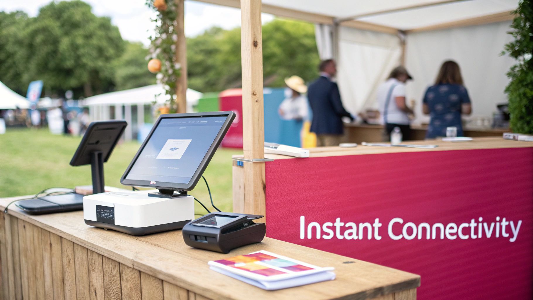 Point-Of-Sale Systems And A Payment Terminal On A Wooden Counter At An Outdoor Event.