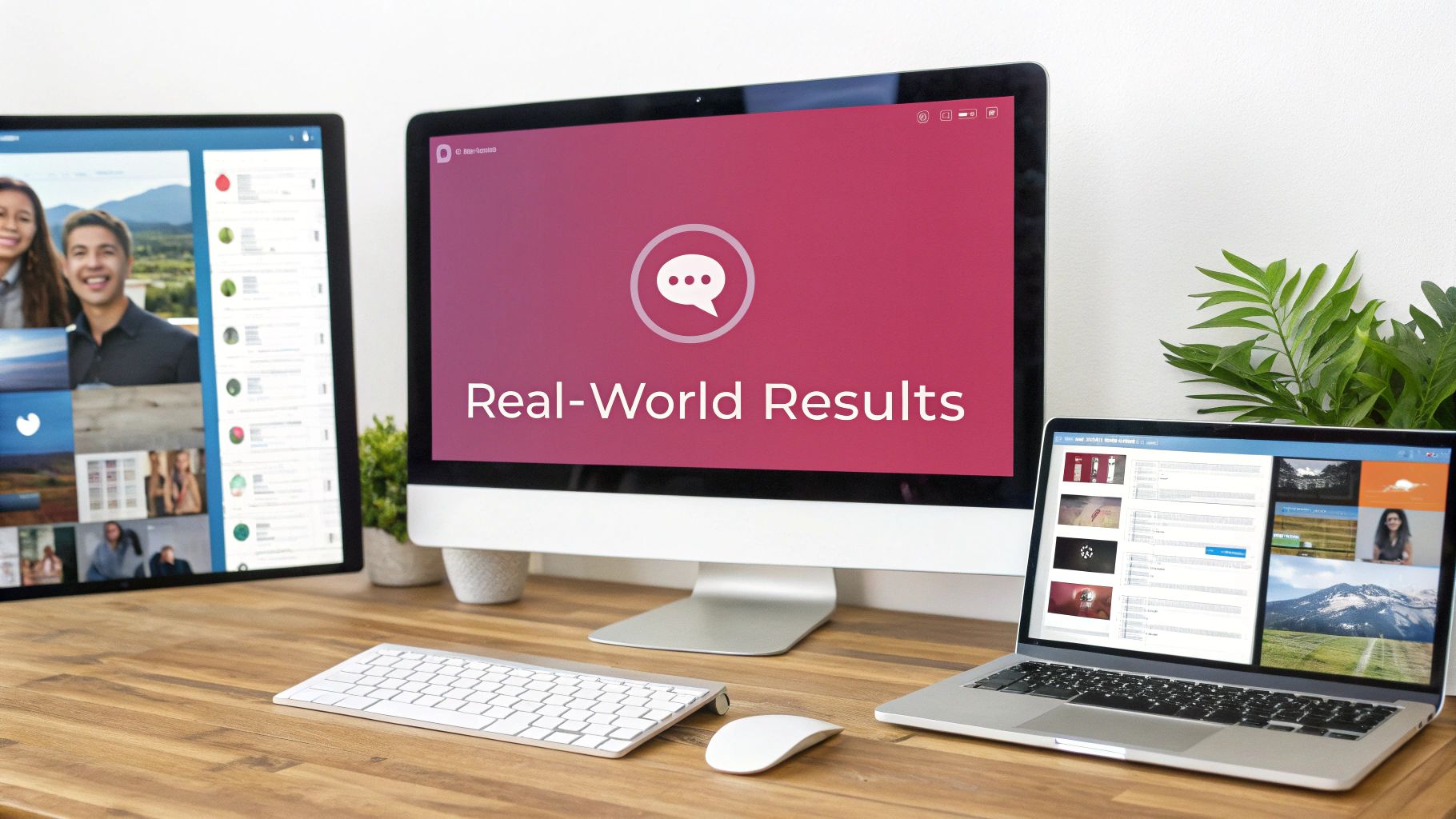 Multiple Screens On A Wooden Desk Displaying Business Results, Social Media Content, And Digital Assets.