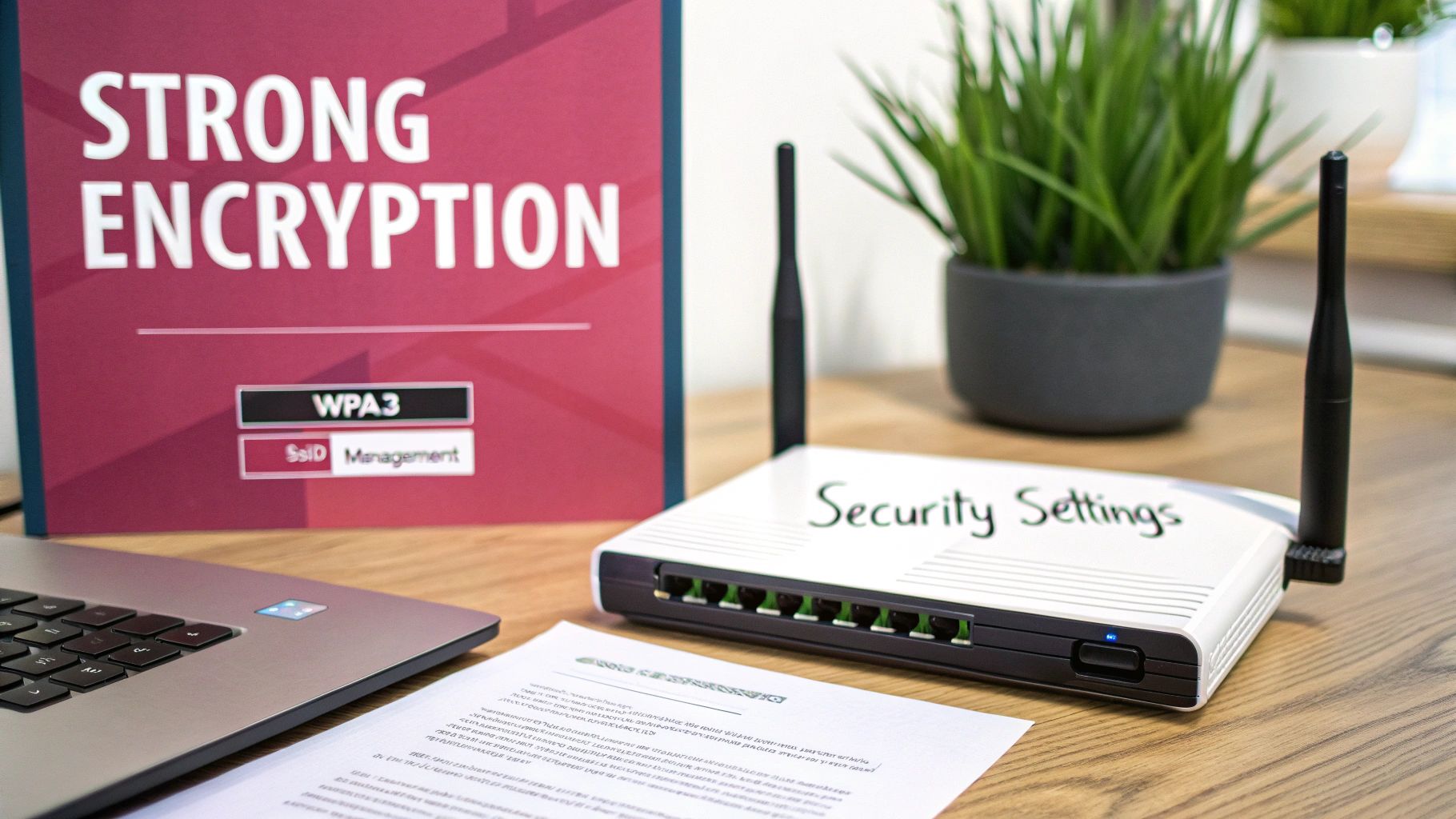 Securing Your Wireless Network: A Practical Guide For Uk Businesses Wireless Router, Laptop, And A Sign Displaying 'Strong Encryption Wpa3' For Network Security.