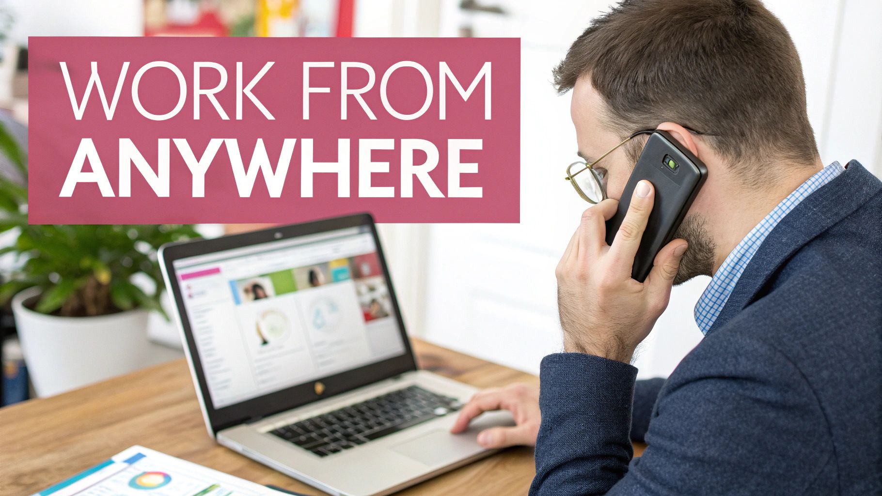 Voip Business Benefits Driving Uk Sme Growth A Man Works Remotely On A Laptop While Talking On A Phone, With A 'Work From Anywhere' Banner.