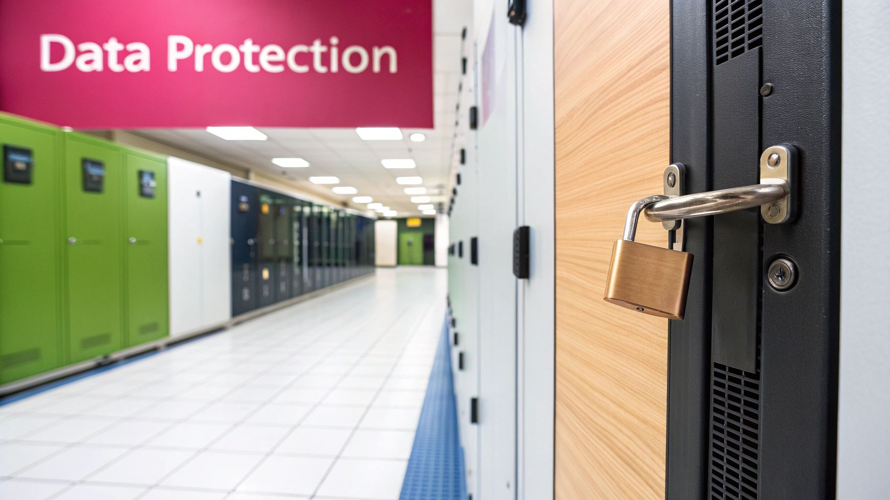 A Strategic Guide To Managed It Services And Support A Close-Up Of A Padlock On A Server Rack Door In A Data Center, With A 'Data Protection' Sign Overhead.