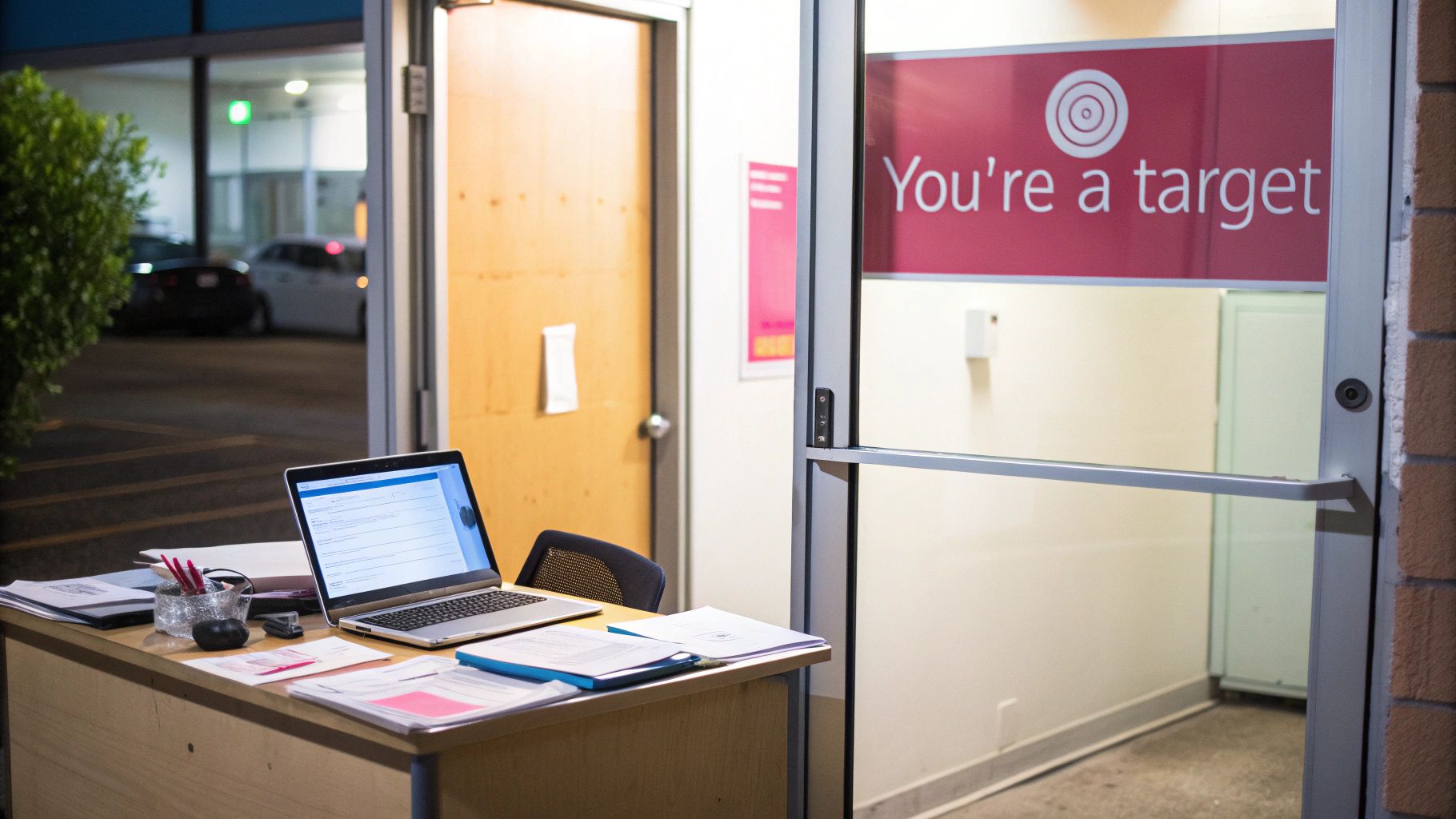 Cybersecurity For Small Businesses: An Essential Guide To Protecting Your Organisation A Laptop And Documents Are On An Office Desk, With A Glass Door Displaying A 'You'Re A Target' Sign.