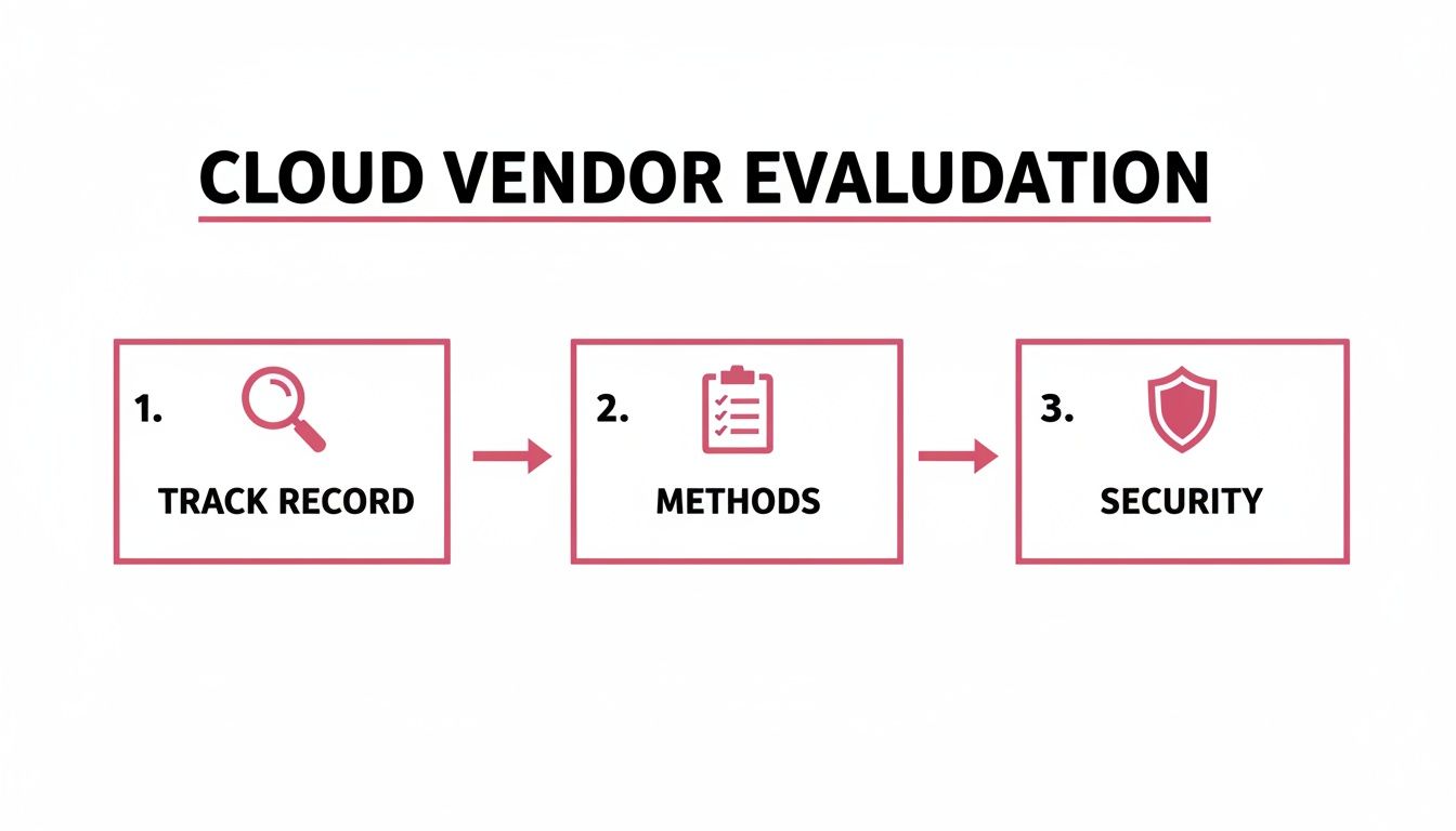 Cloud Vendor Evaluation Process Diagram Showing Track Record, Methods, And Security Assessments.