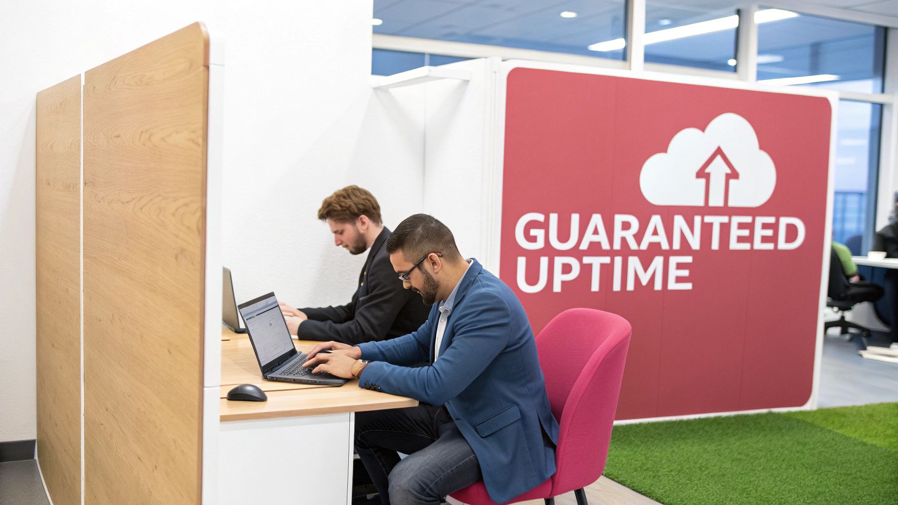 Two Men Work On Laptops At Individual Desks In A Modern Office With A 'Guaranteed Uptime' Sign.