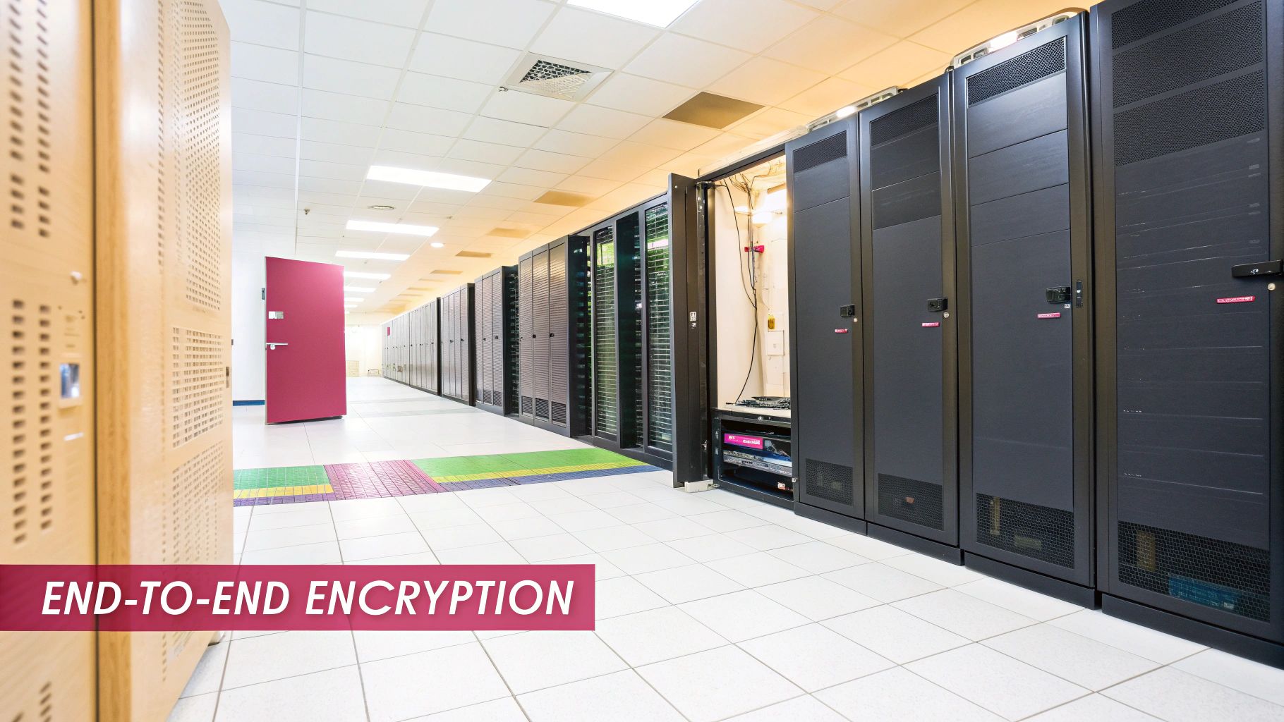 A Long, Bright Hallway In A Data Center With Rows Of Black Server Racks And A Red Door.