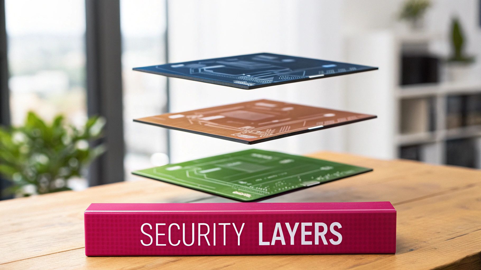 Three Layered Circuit Boards Floating Above A Pink Block Labeled 'Security Layers' On A Wooden Table.