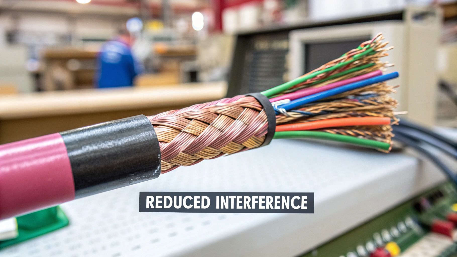 Close-Up Of A Shielded Multi-Core Cable Revealing Braided Copper And Colorful Inner Wires, Implying Reduced Interference.