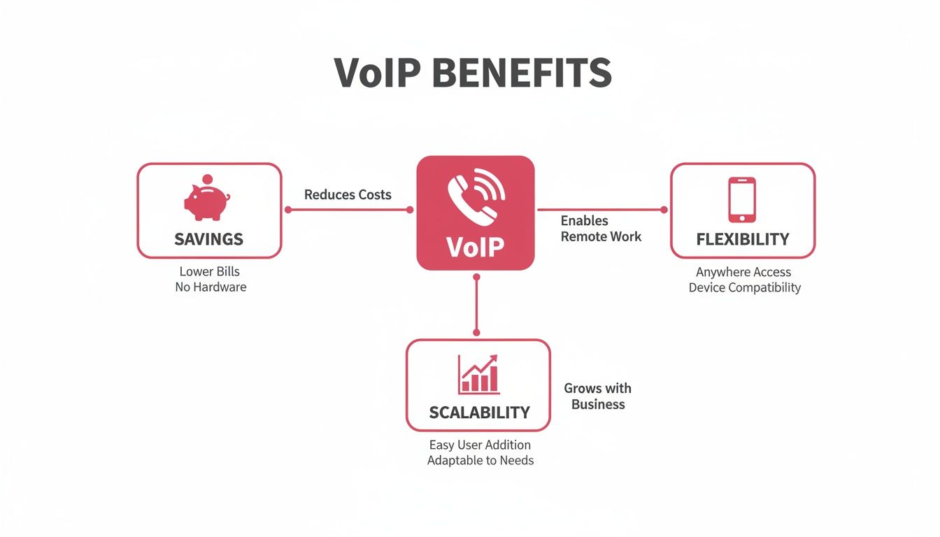 A Diagram Illustrating The Key Benefits Of Voip: Savings, Flexibility, And Scalability For Businesses.
