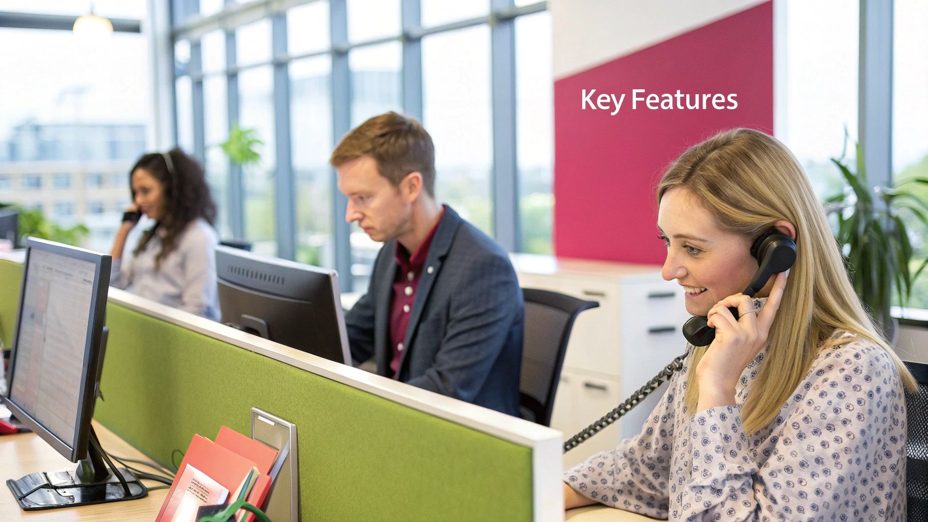 An office worker with a headset on, collaborating with a colleague in a modern professional setting.