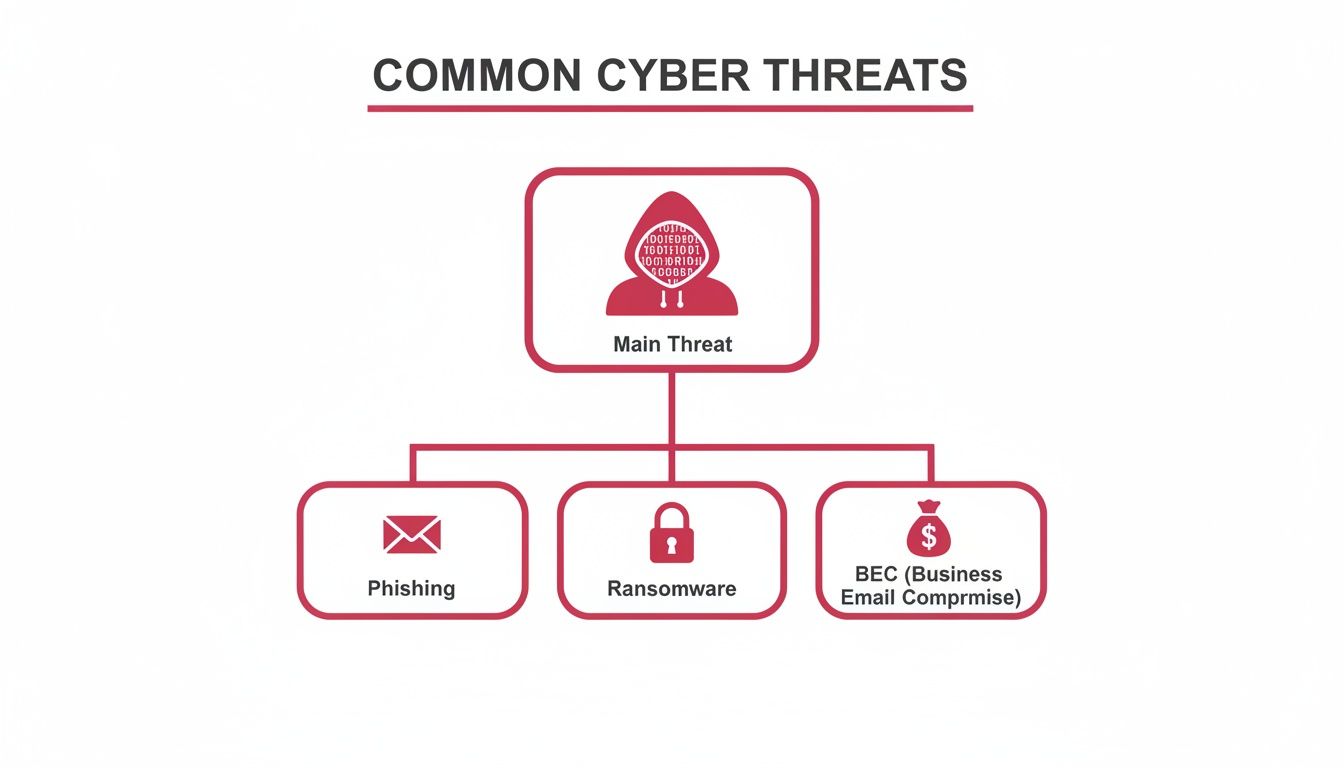 Cybersecurity For Small Businesses: An Essential Guide To Protecting Your Organisation A Diagram Illustrating Common Cyber Threats, Including Phishing, Ransomware, And Business Email Compromise.