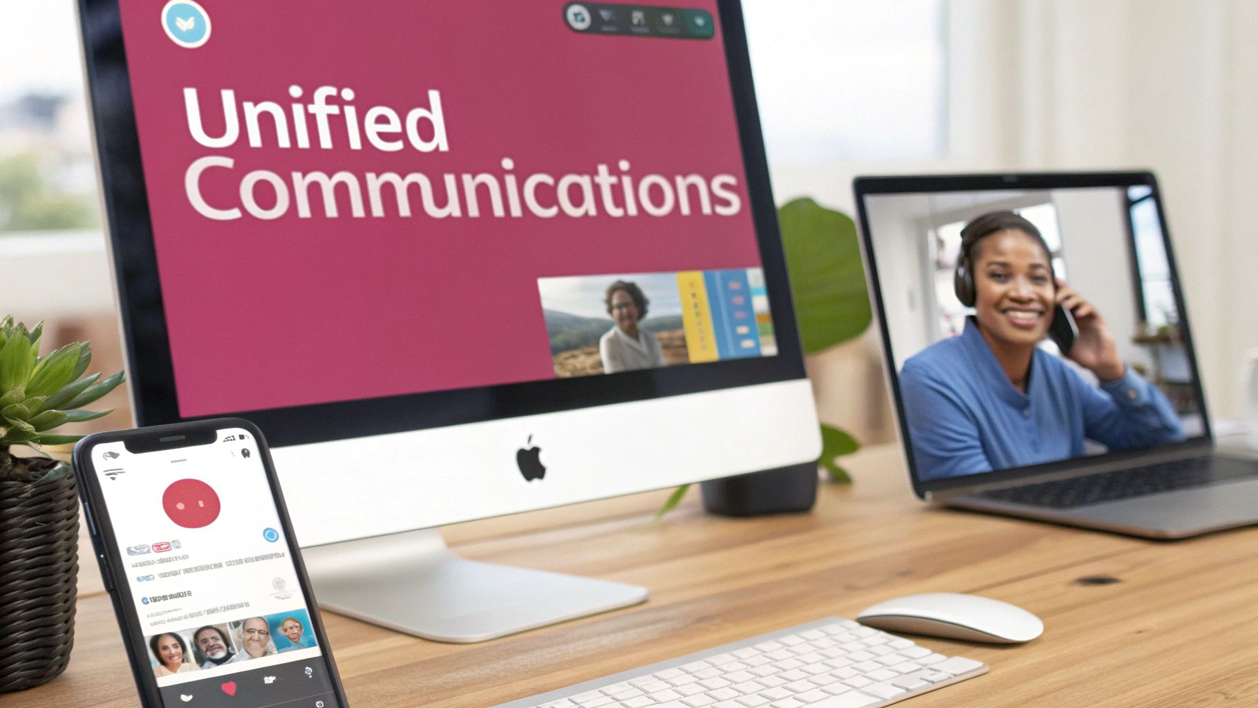 A Desk With A Monitor Displaying 'Unified Communications', A Laptop Showing A Video Call, And A Smartphone.