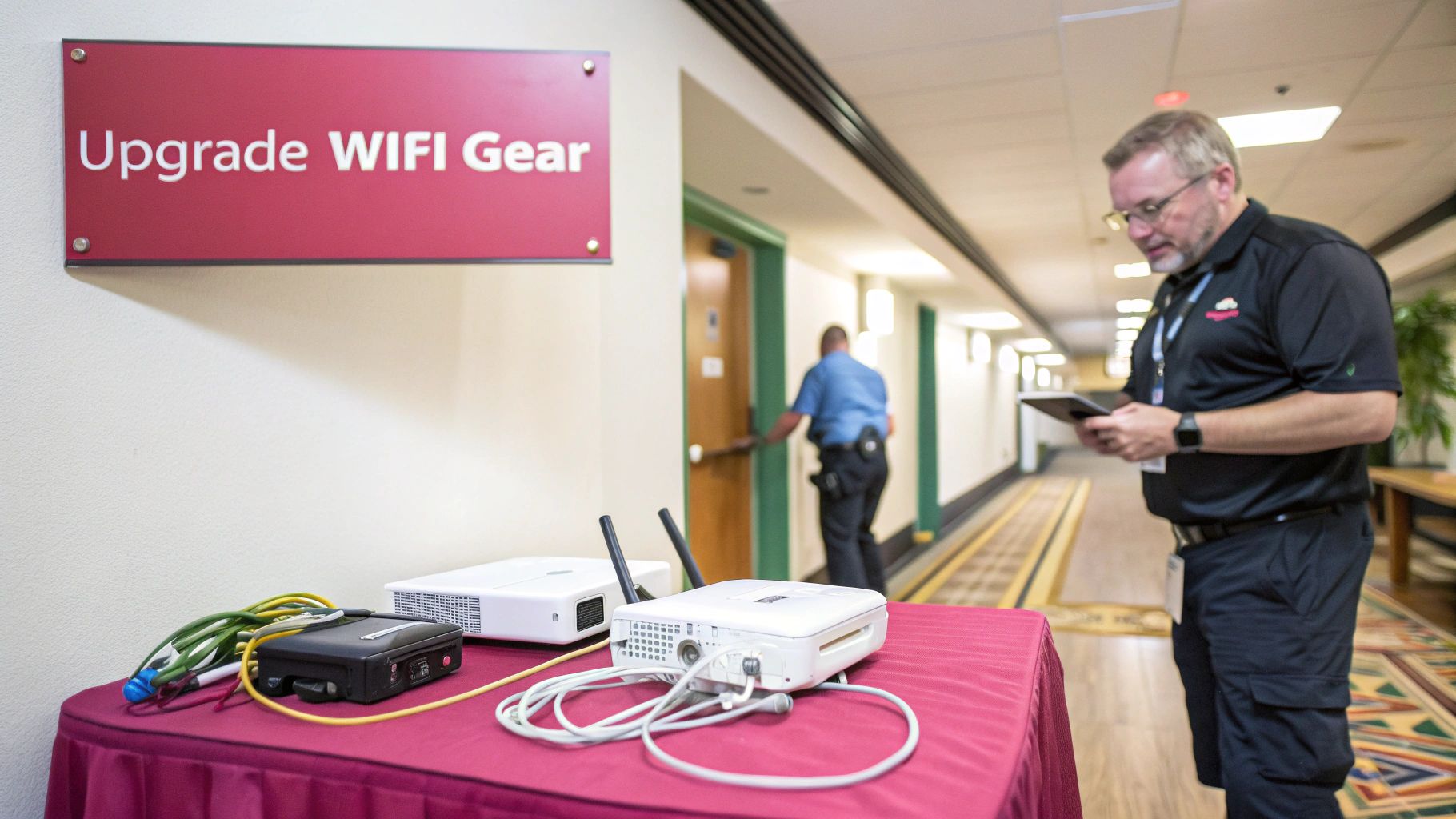 It Technician Inspects Wifi Gear Setup On A Table With An &Quot;Upgrade Wifi Gear&Quot; Sign.