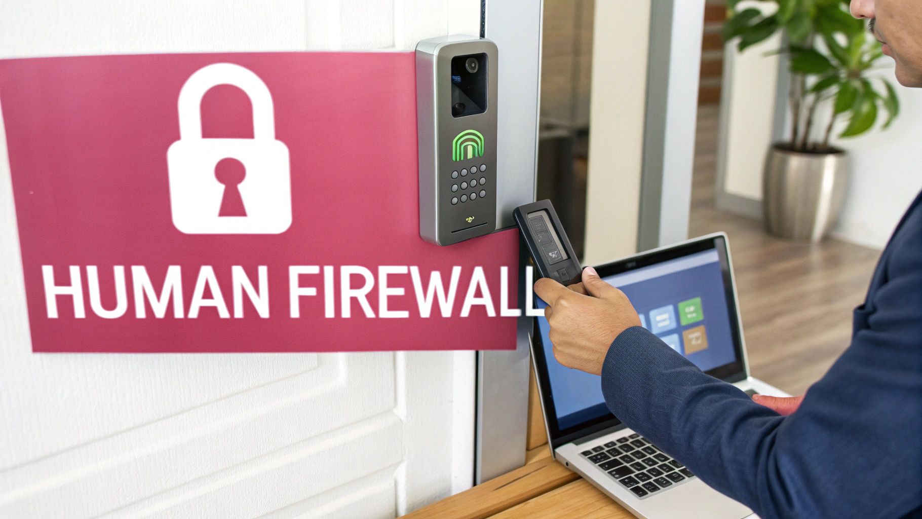 A Person Uses A Security Device To Access A Door With A 'Human Firewall' Sign.