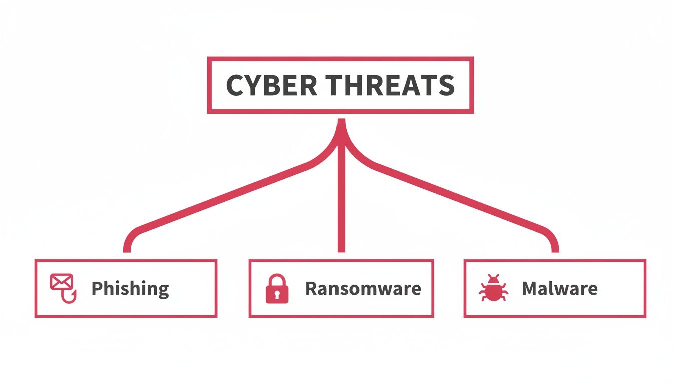 A Diagram Illustrating Common 'Cyber Threats' Categorized Into Phishing, Ransomware, And Malware With Distinct Icons.
