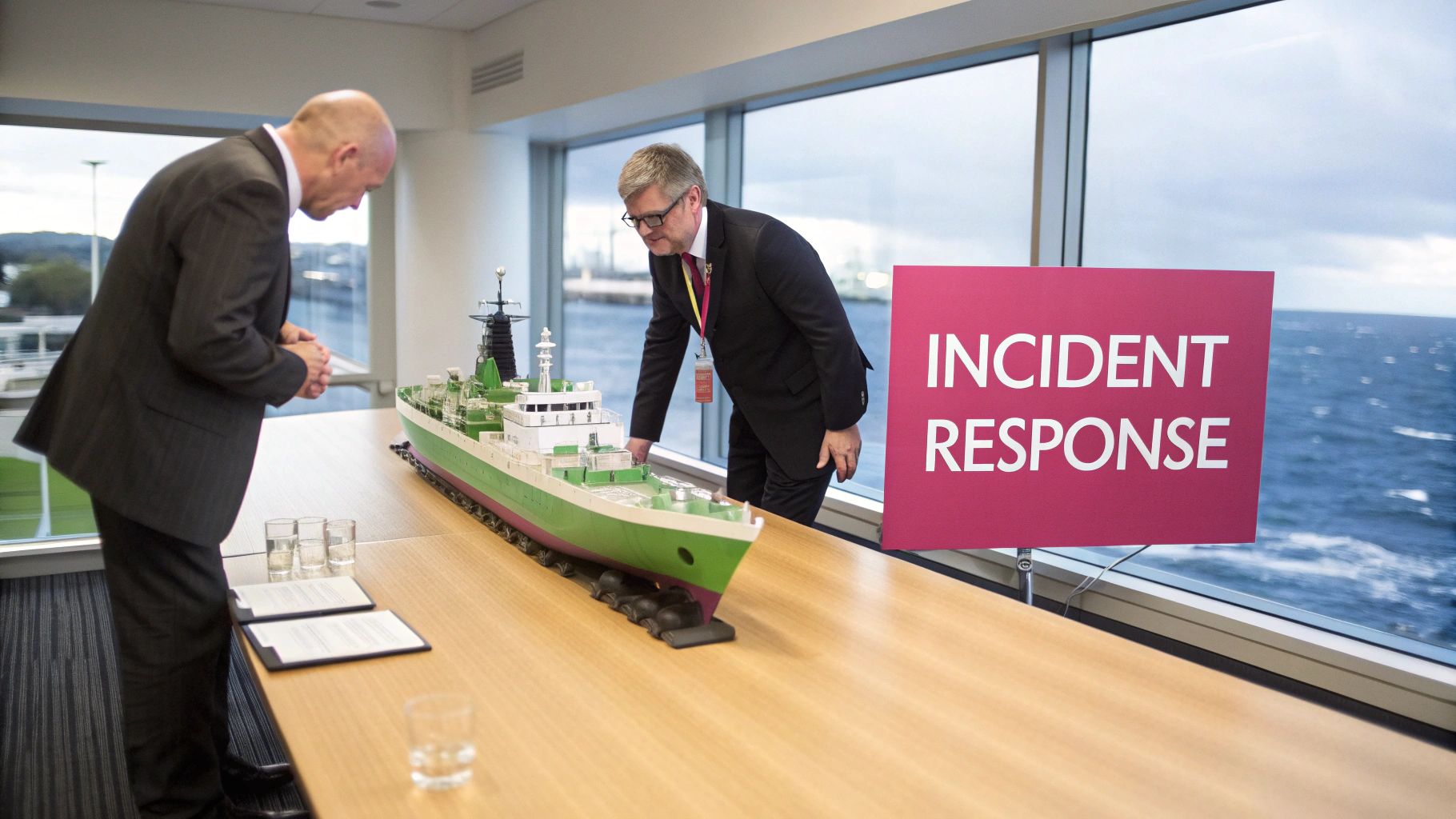 Two Businessmen Examine A Ship Model On A Table, With An 'Incident Response' Sign By An Ocean View Window.