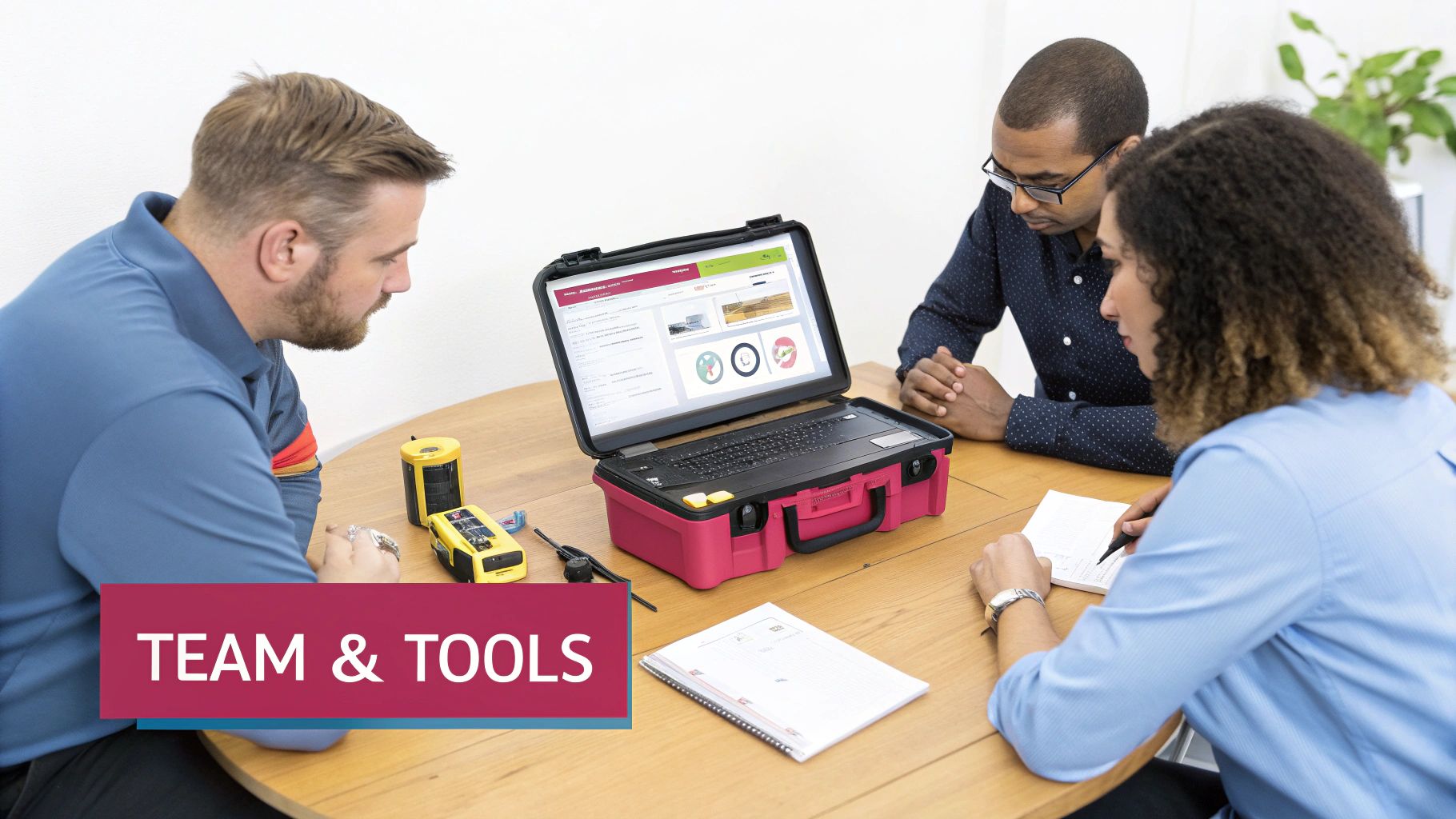 Three Diverse Professionals Collaborate Around A Table With A Rugged Laptop And Various Technical Tools.